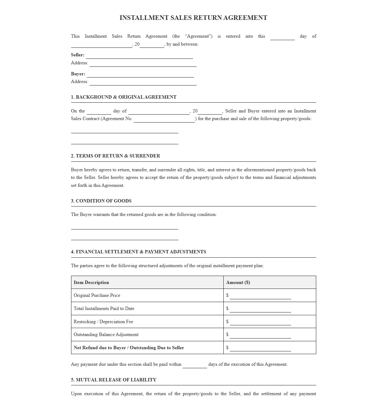 Structured Payment Return Contract Template