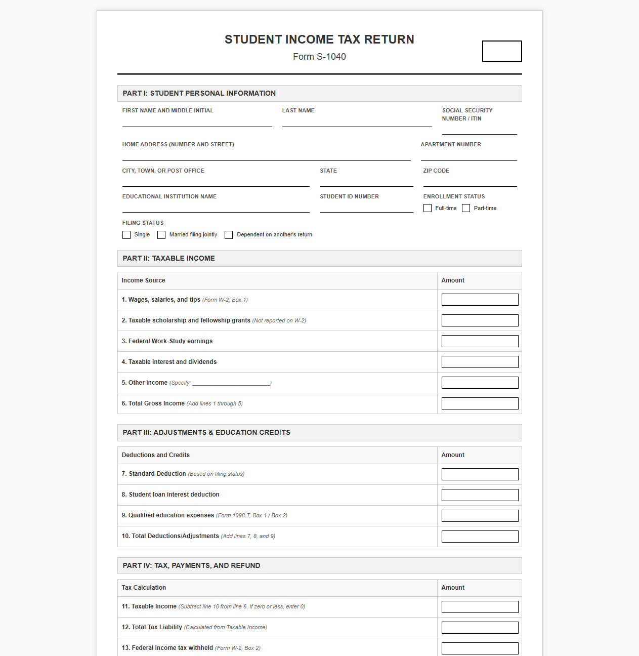 Student Income Tax Return Template