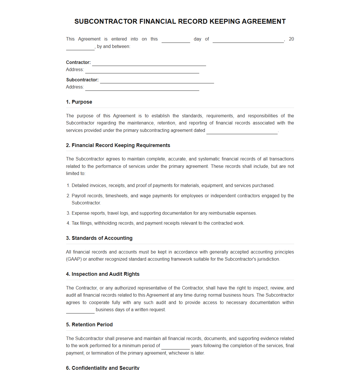 Subcontractor Financial Record Keeping Agreement Template