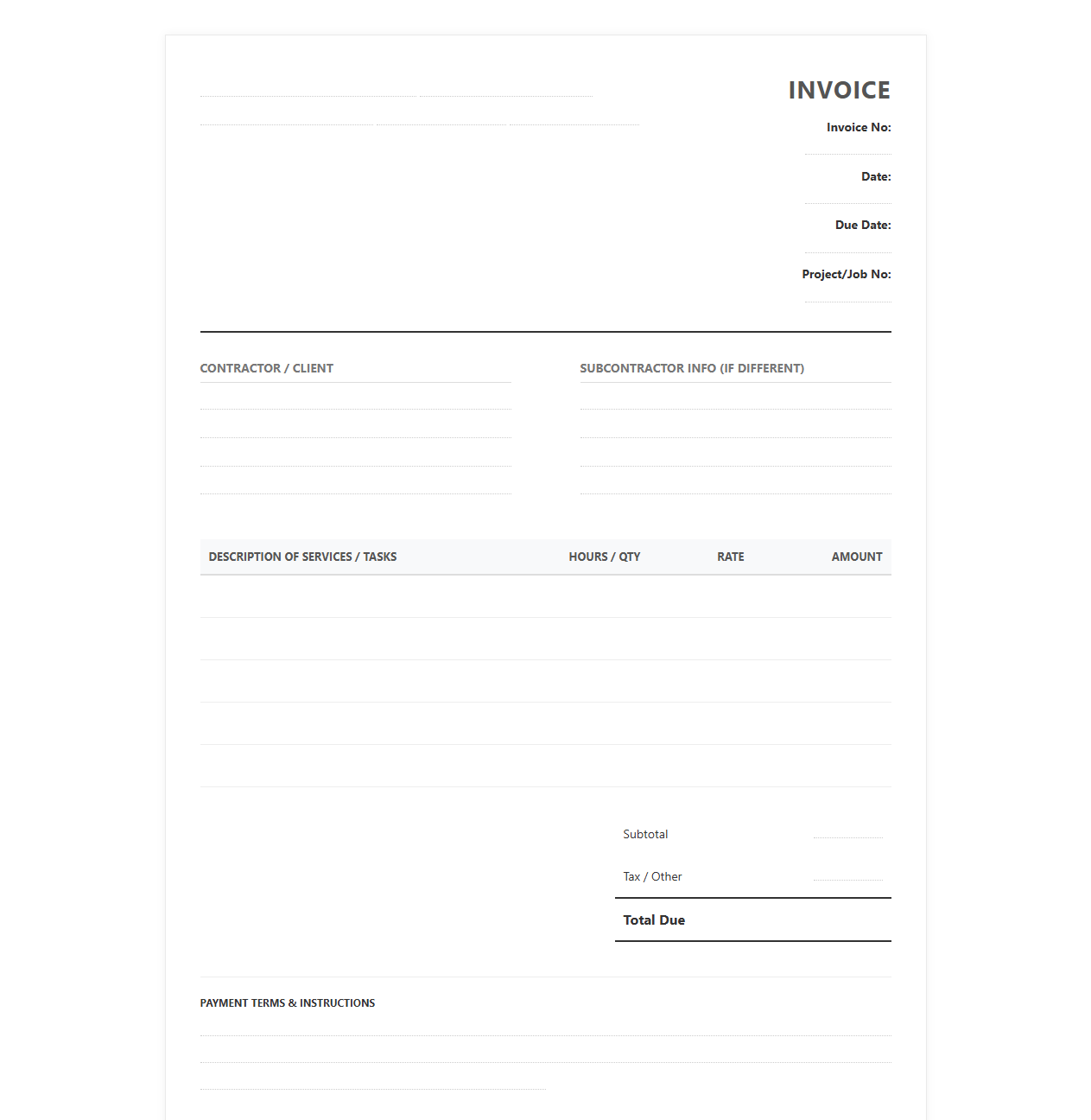 Subcontractor Invoice Template