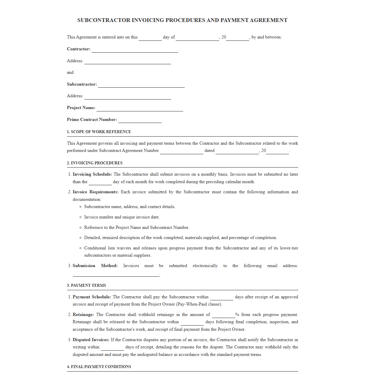 Subcontractor Invoicing Procedures and Payment Agreement