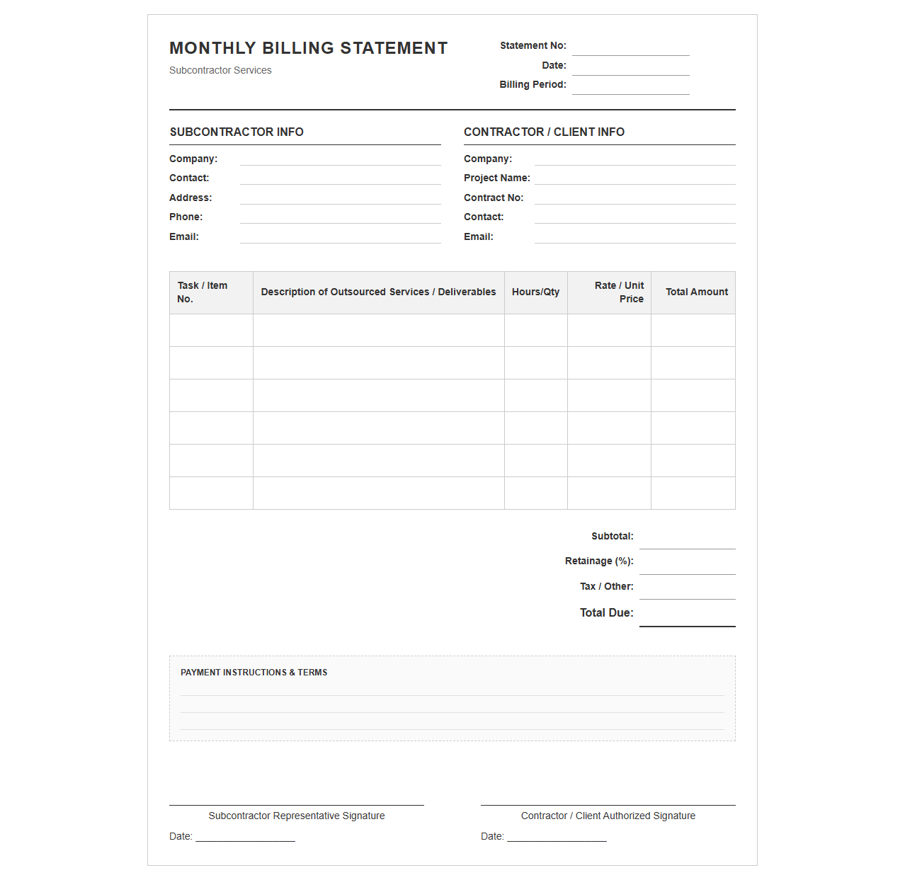 Subcontractor Monthly Billing Statement Template