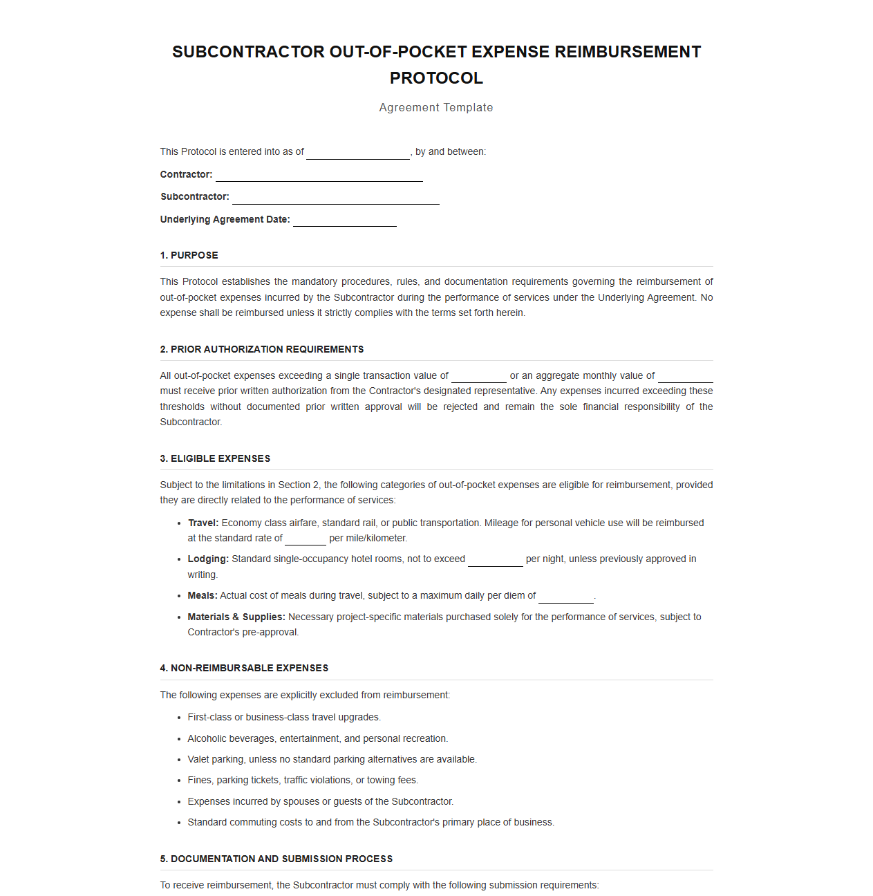 Subcontractor Out-of-Pocket Expense Reimbursement Protocol