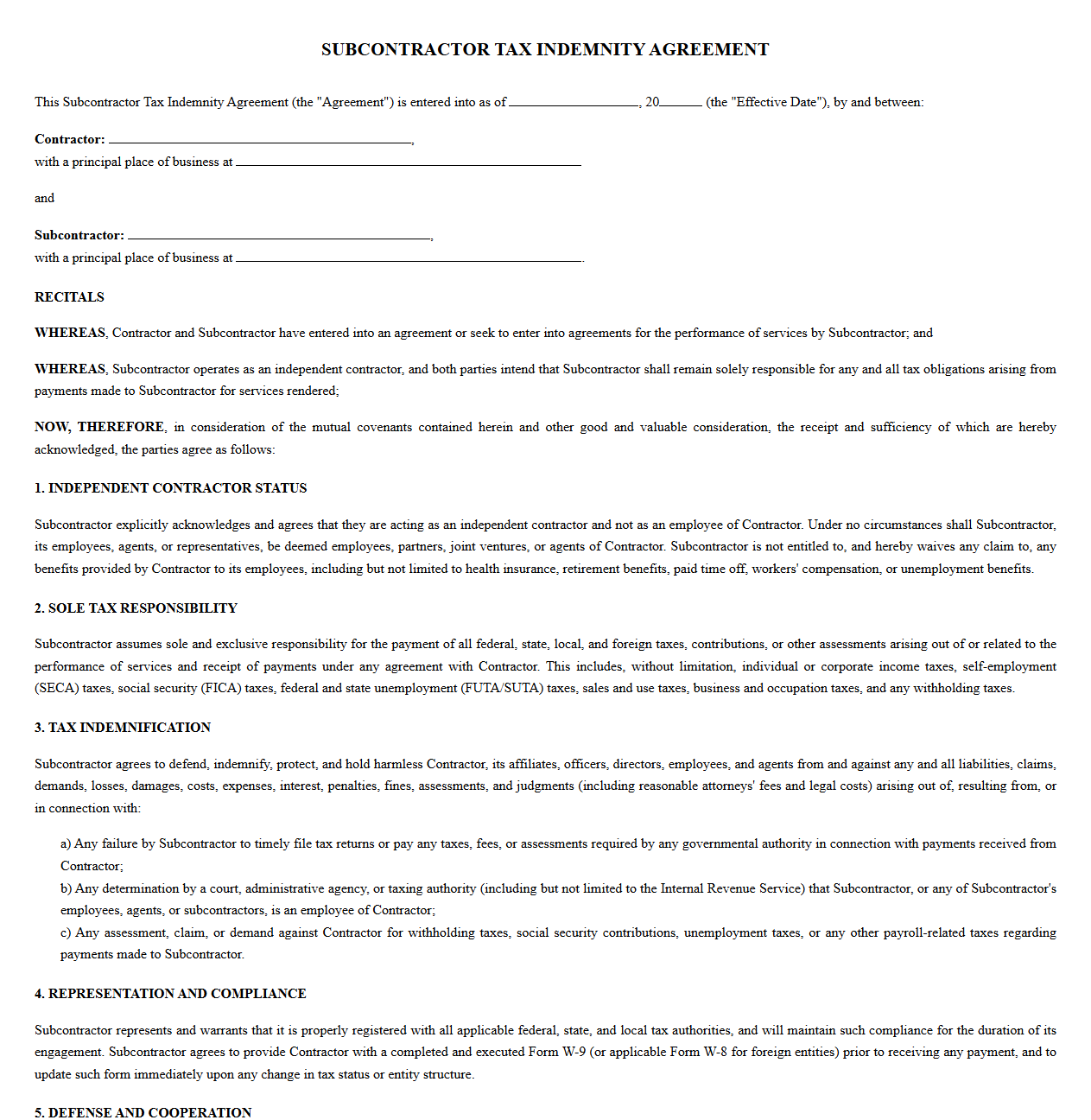Subcontractor Tax Indemnity Agreement Template