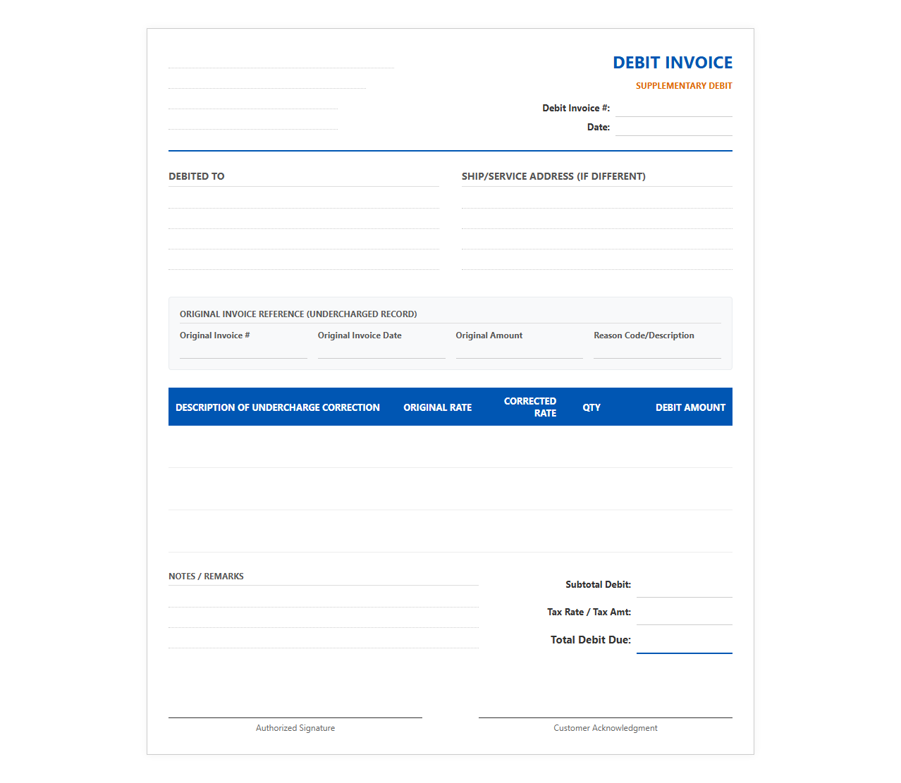 Supplementary Debit Invoice Template