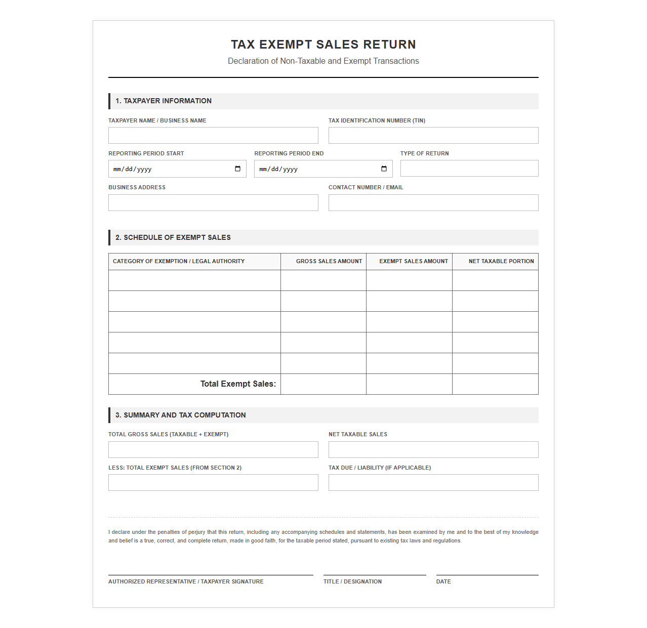 Tax Exempt Sales Return Template