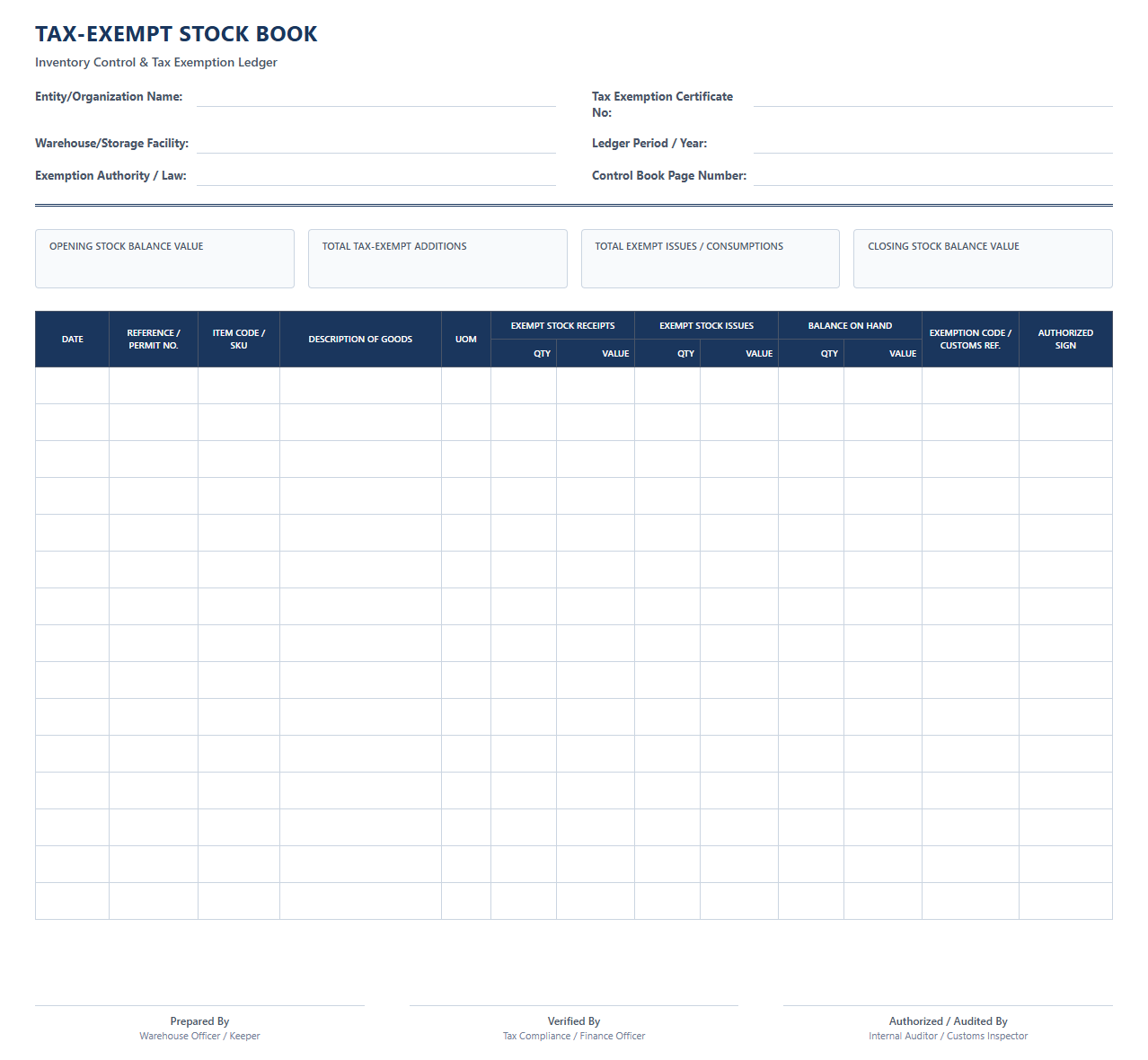 Tax-Exempt Stock Book Template