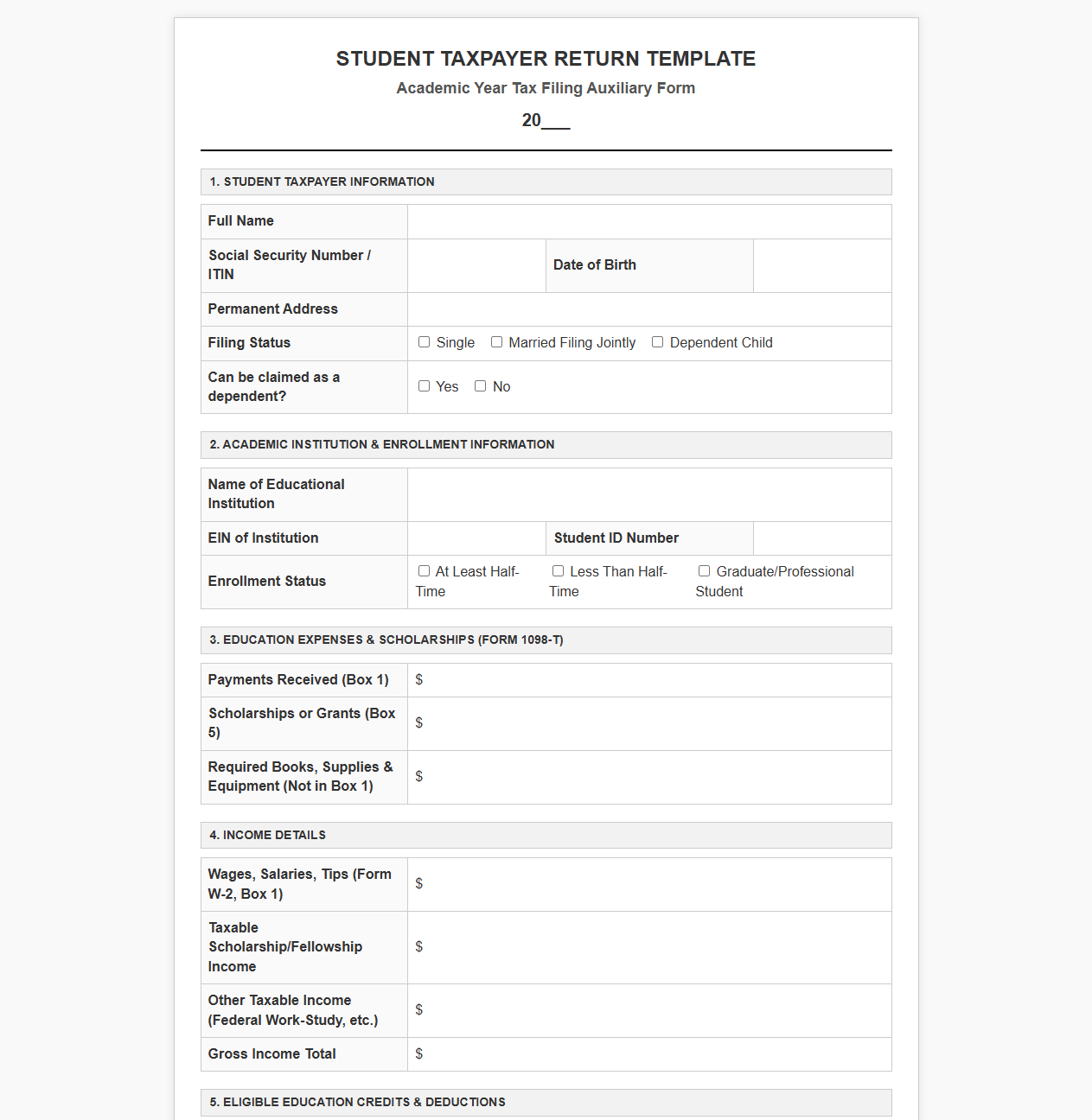 Tax Filing Template for College Students