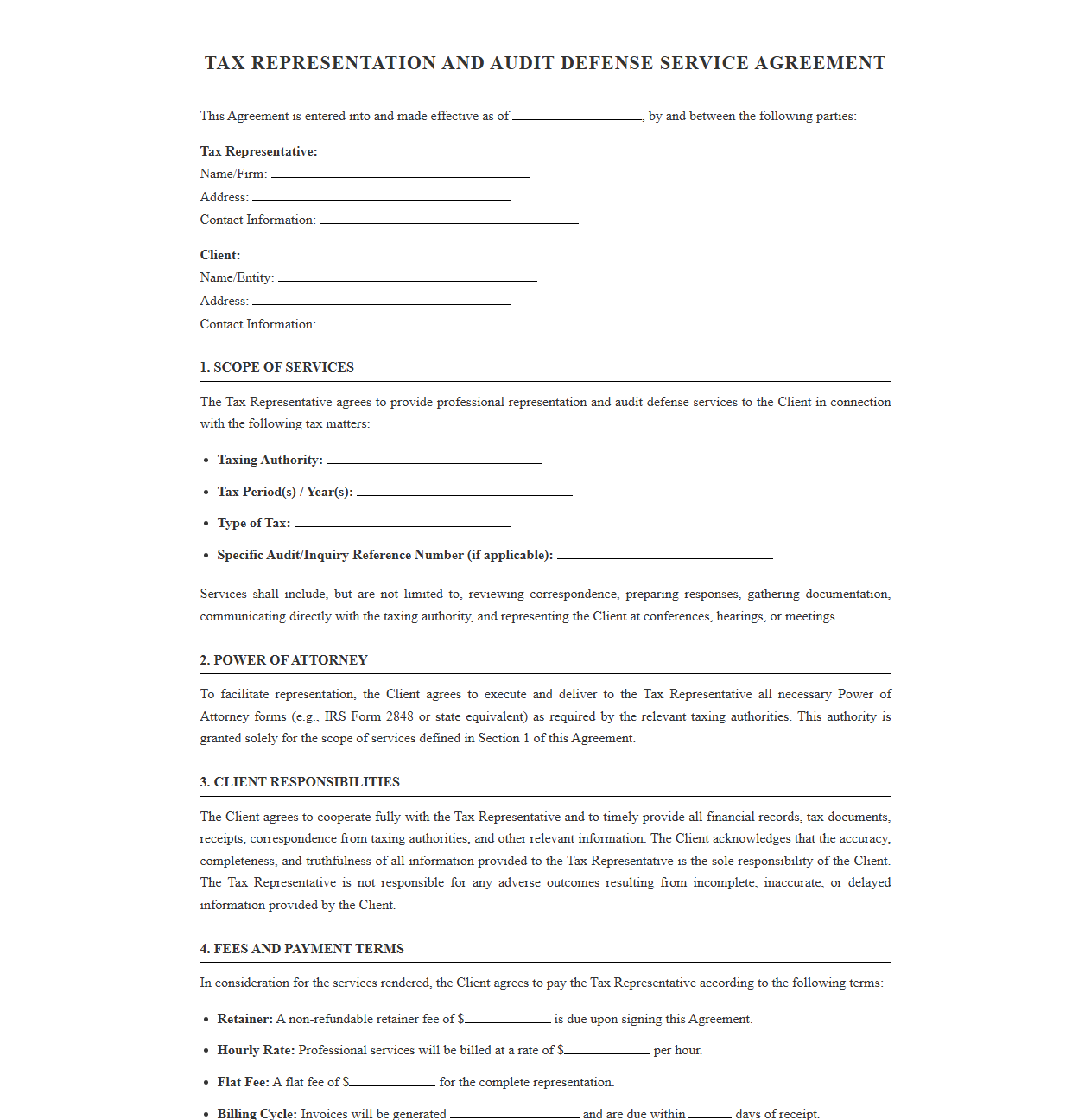 Tax Representation and Audit Defense Service Agreement