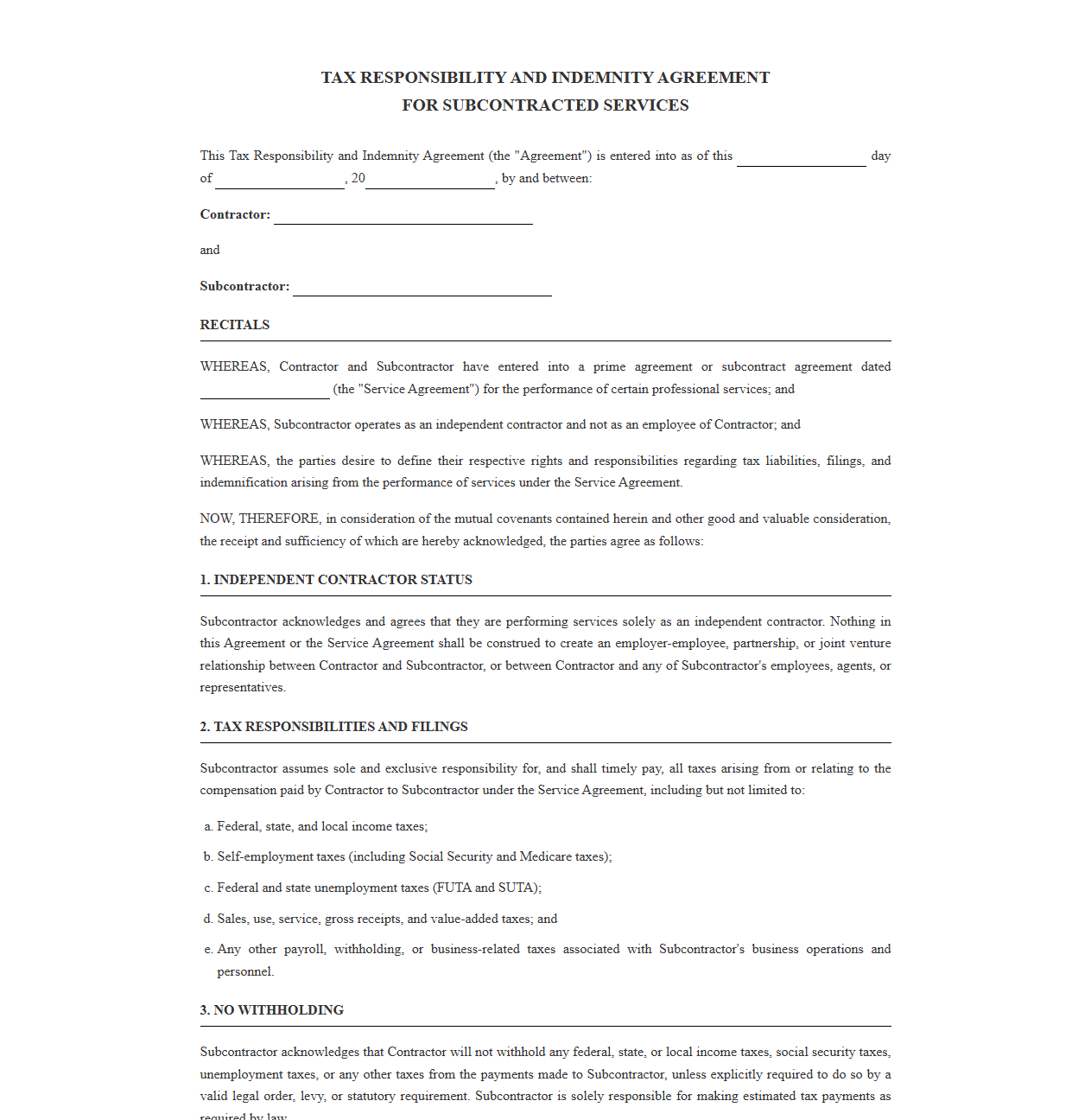 Tax Responsibility and Indemnity Agreement for Subcontracted Services