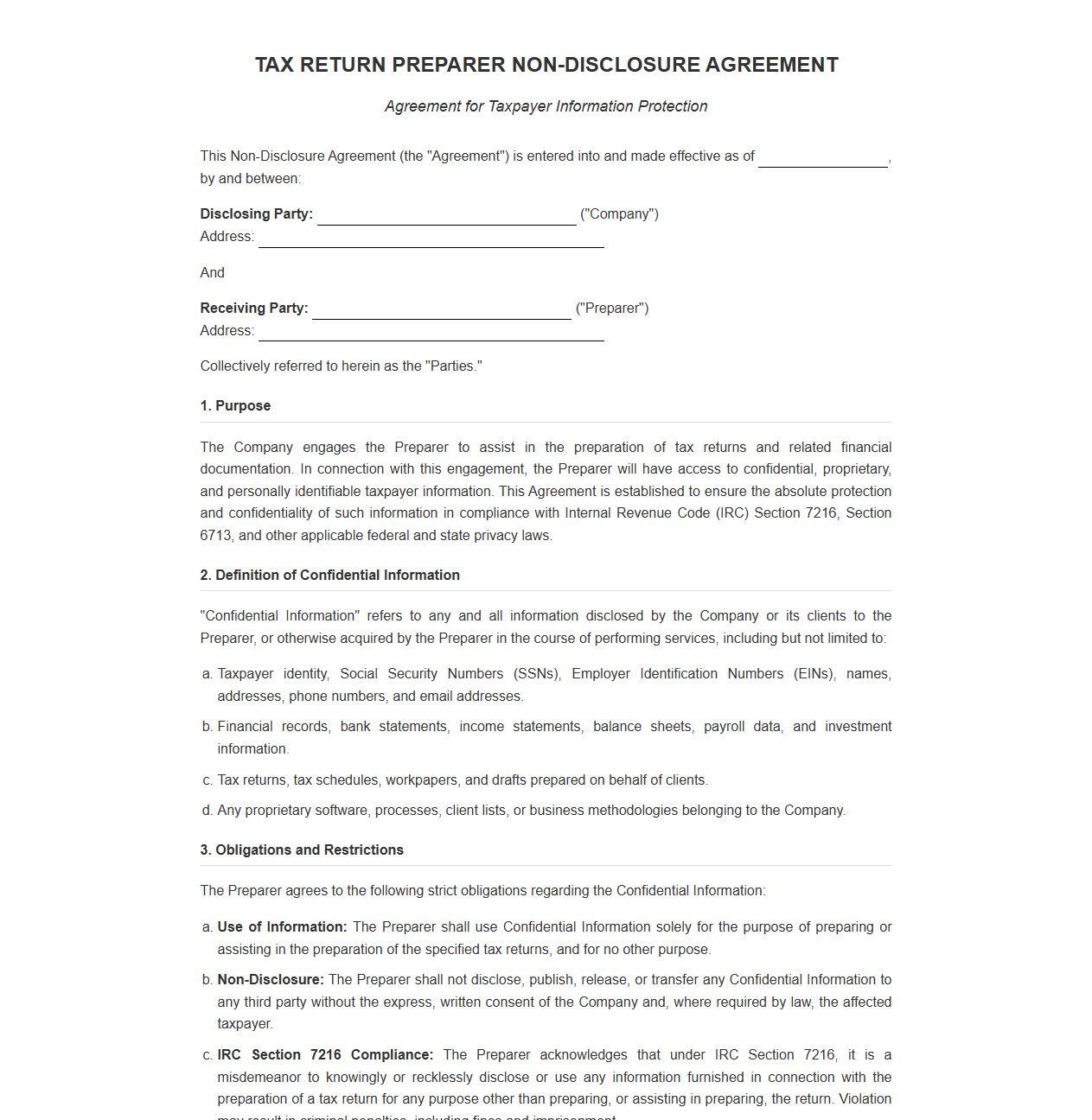 Tax Return Preparer Non Disclosure Agreement