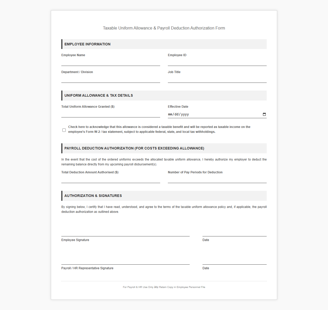 Taxable Uniform Allowance Payroll Deductions Form