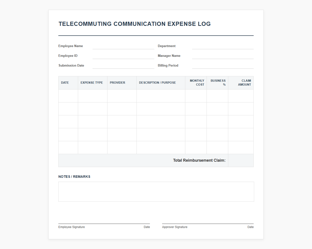 Telecommuting Communication Expense Log