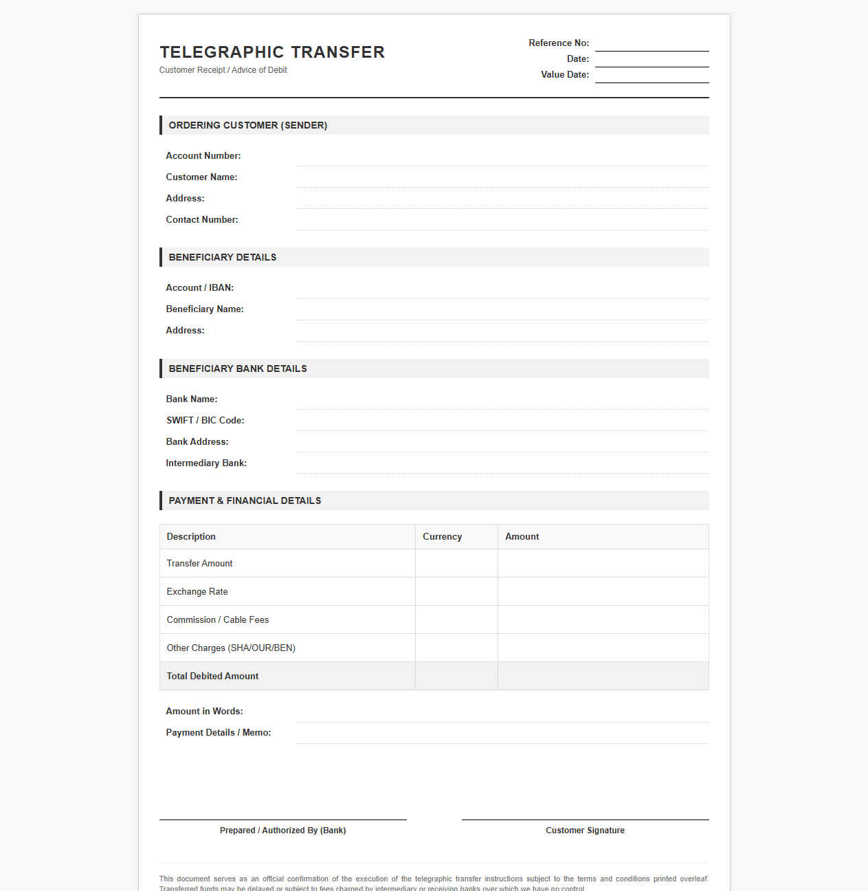 Telegraphic Transfer Receipt Template