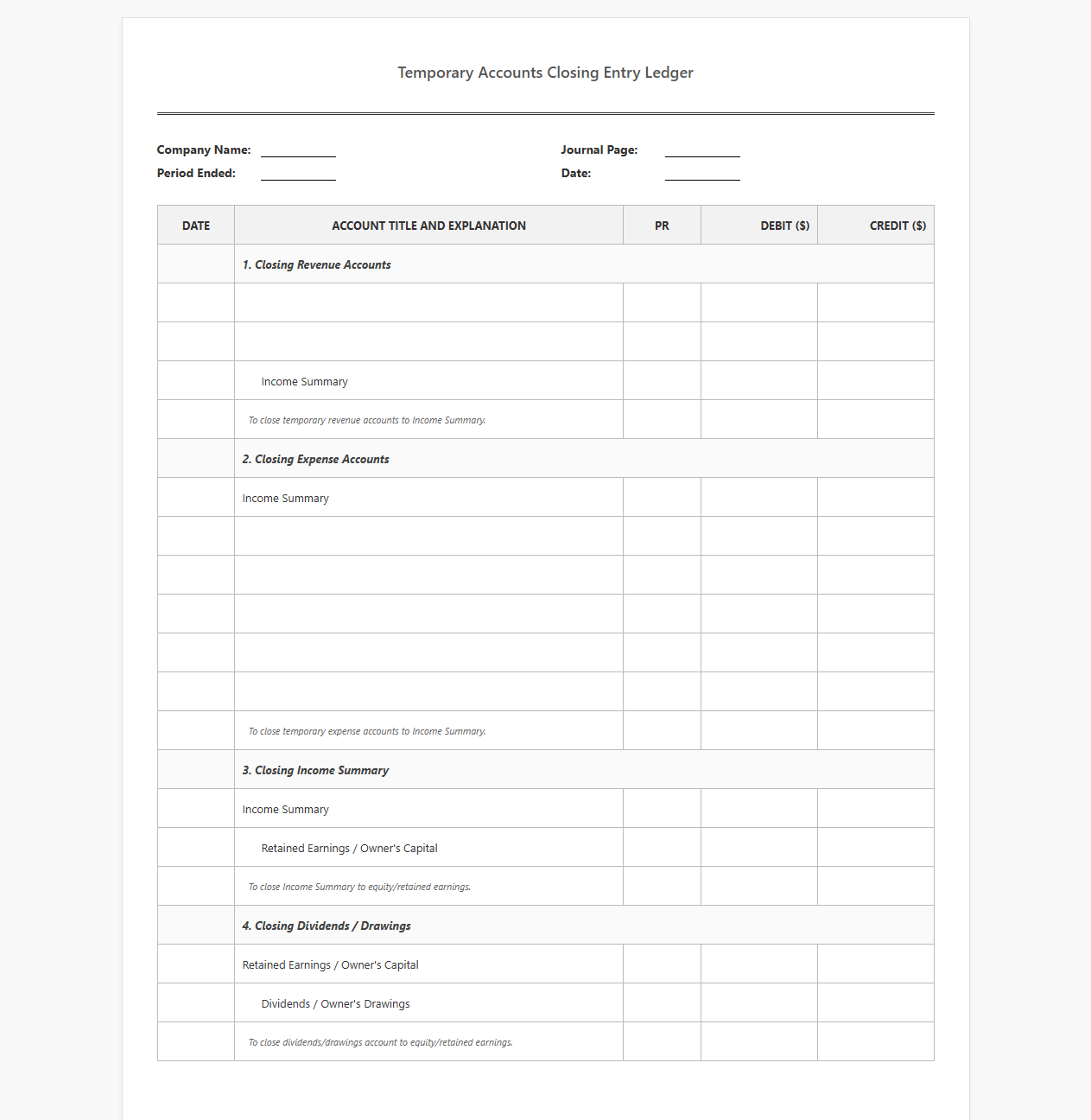 Temporary Accounts Closing Entry Ledger Template