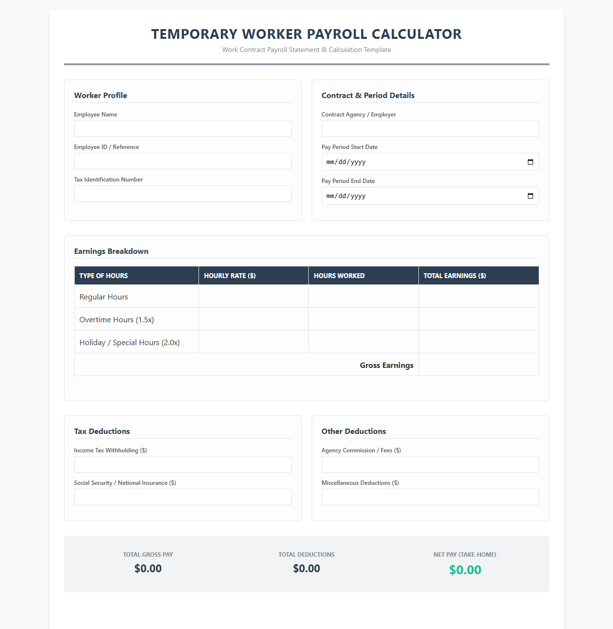 Temporary Worker Payroll Calculator Template