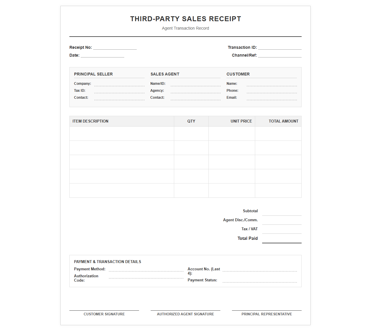 Third Party Agent Sales Transaction Receipt