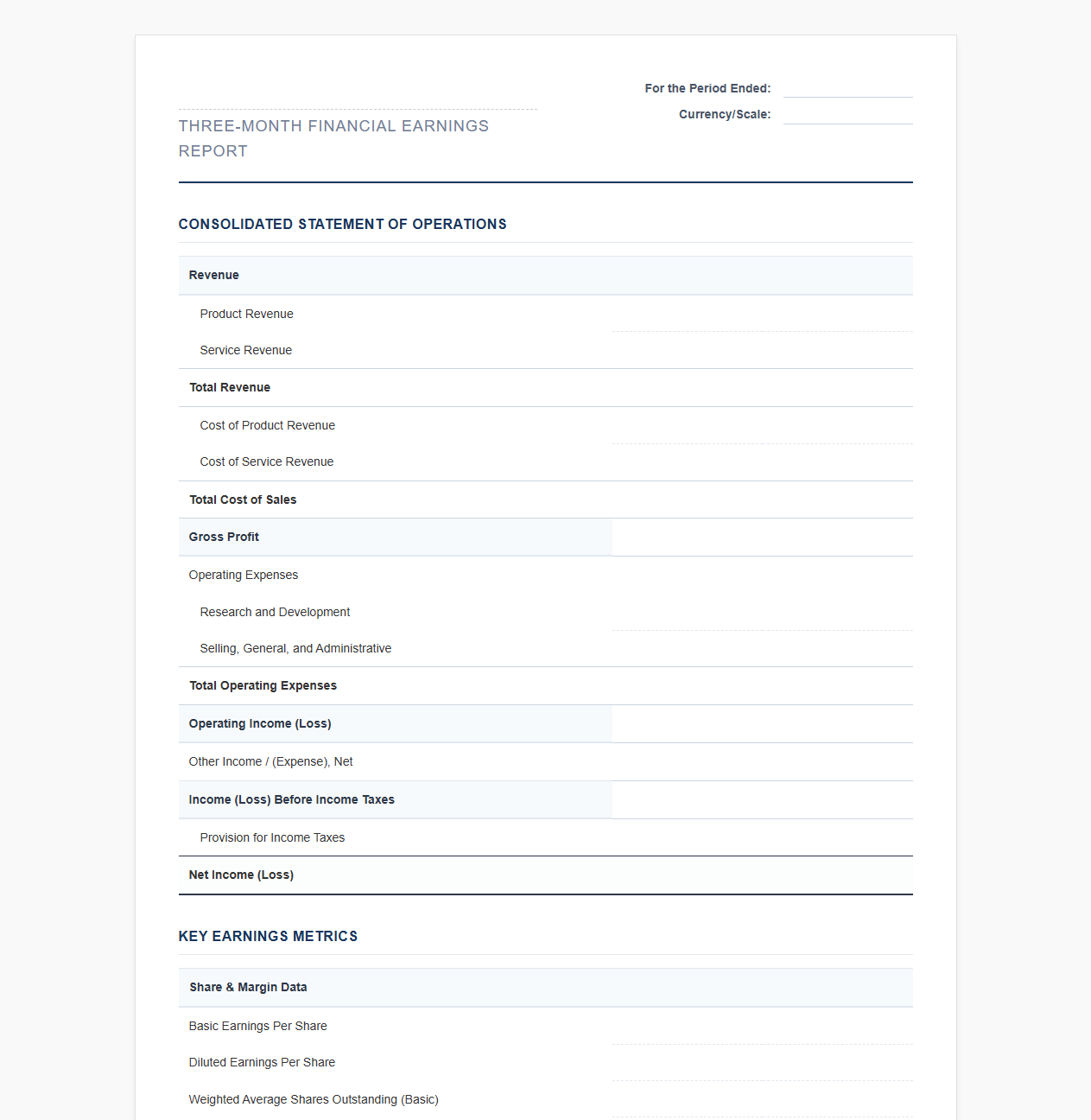 Three-Month Financial Earnings Report Template