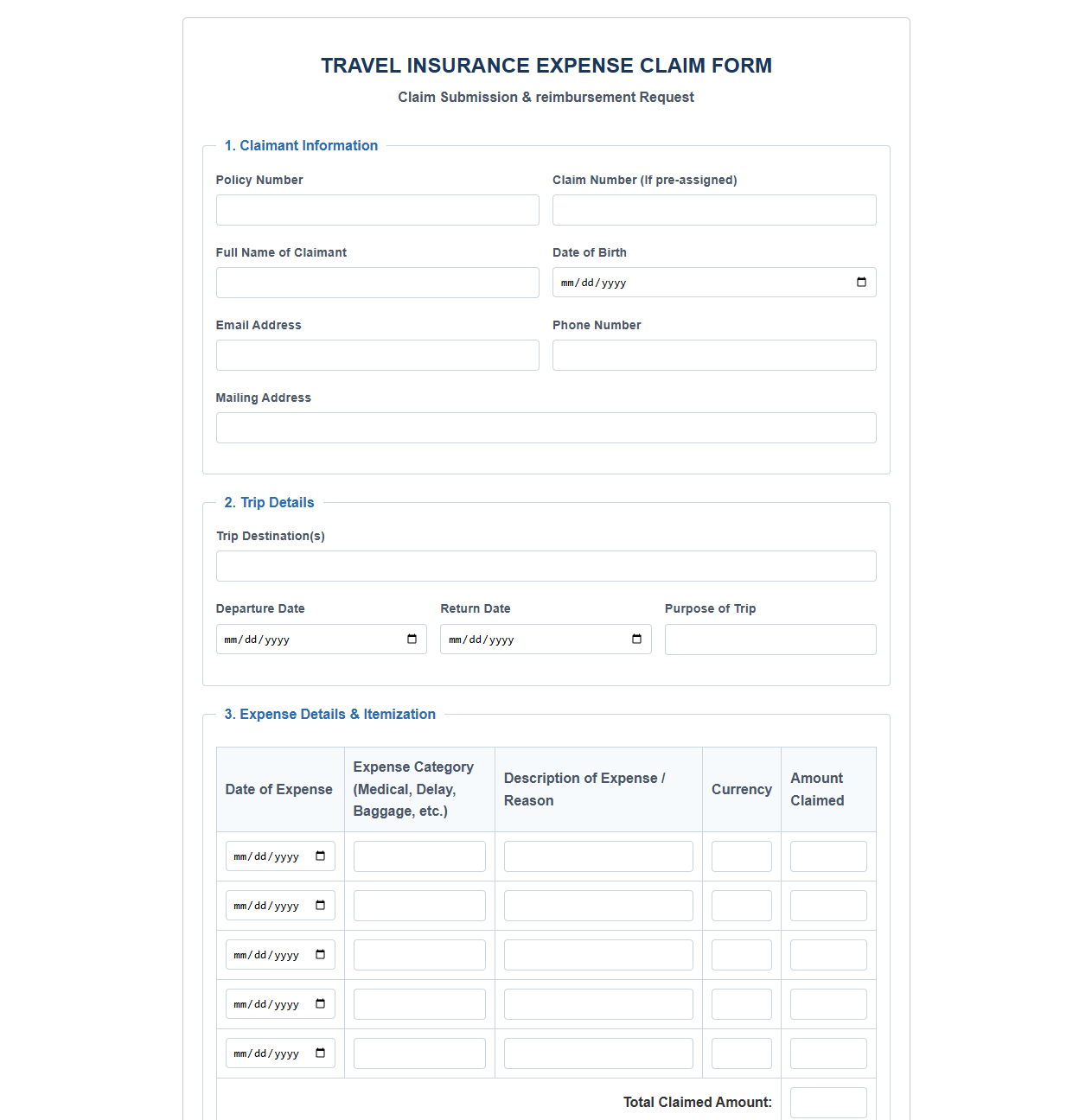 Travel Insurance Expense Claim Form