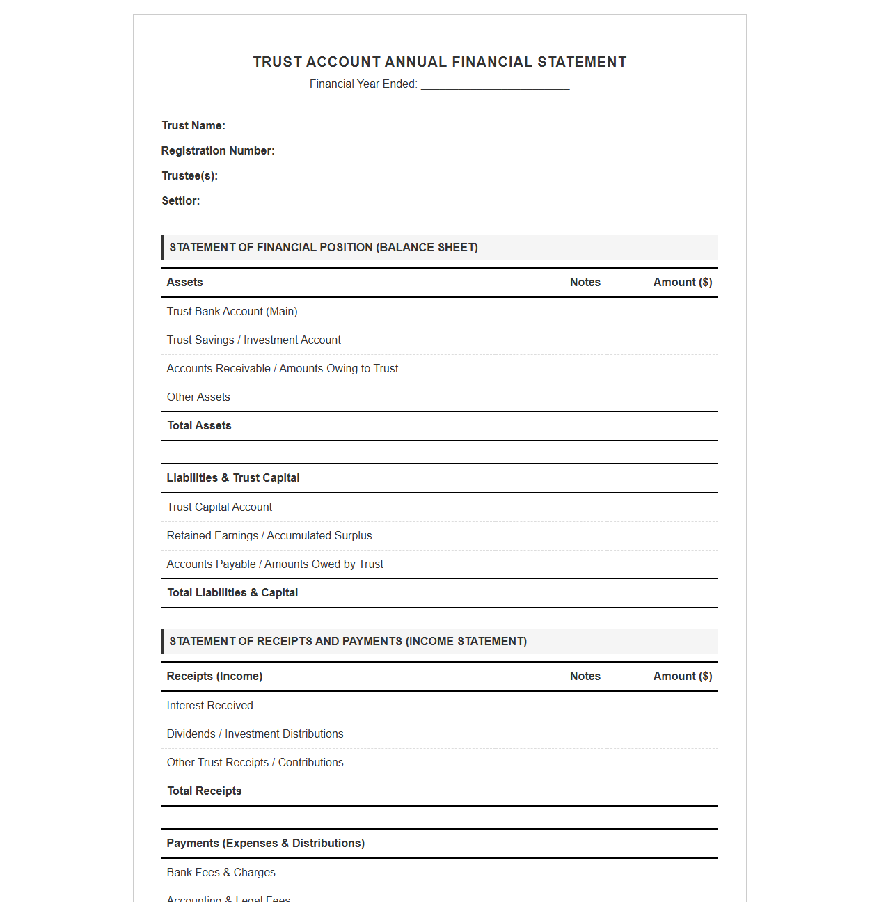 Trust Account Annual Financial Statement Template