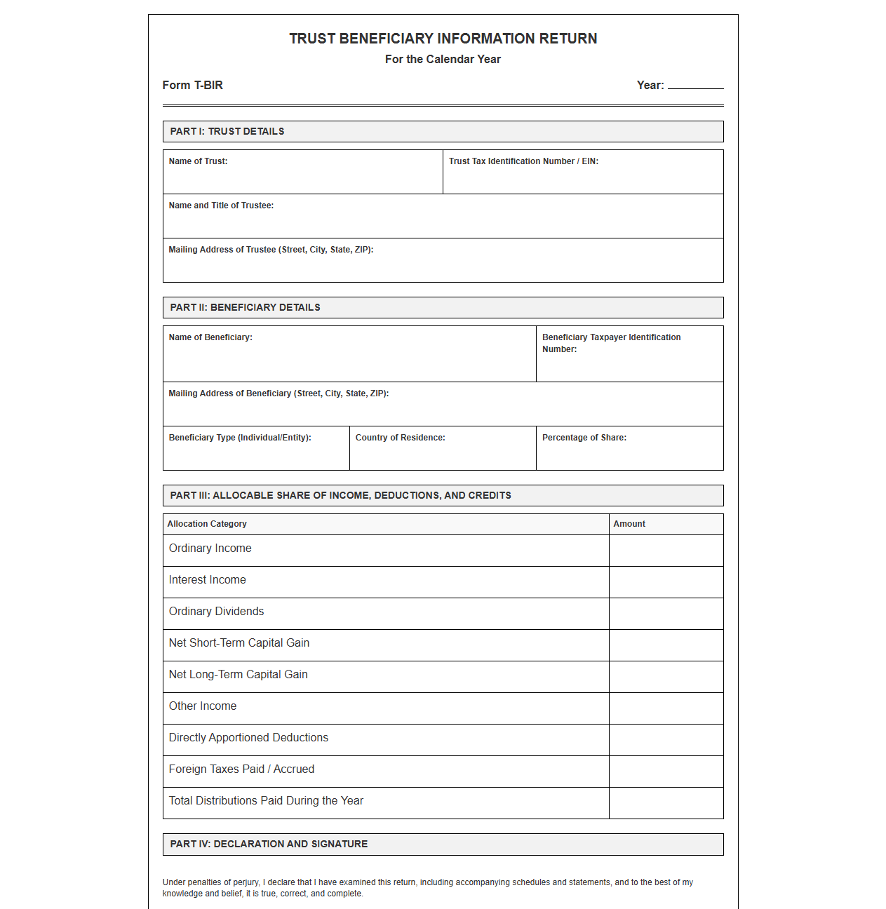 Trust Beneficiary Information Return Template