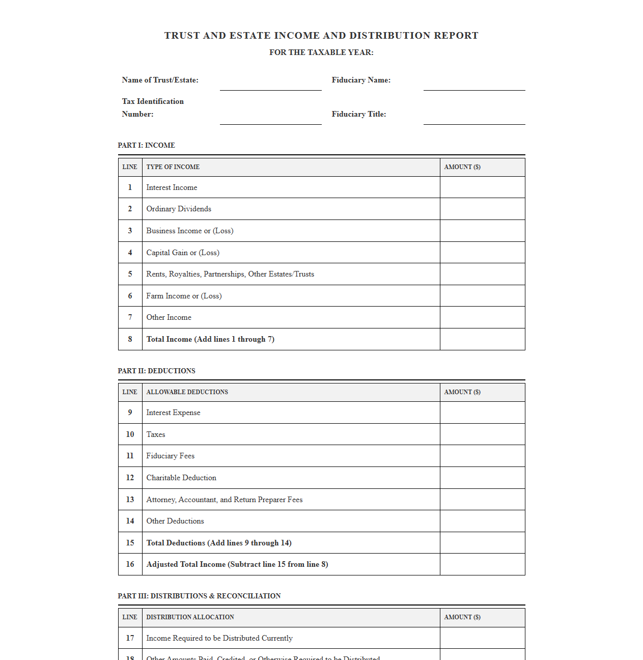 Trust Estate Income and Distribution Report