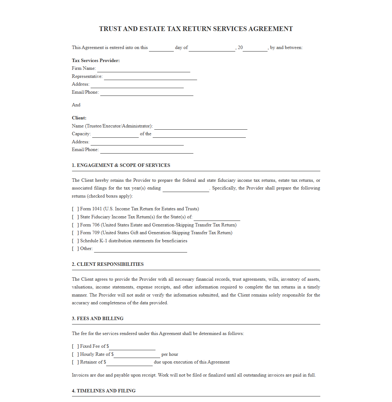 Trust and Estate Tax Return Services Agreement