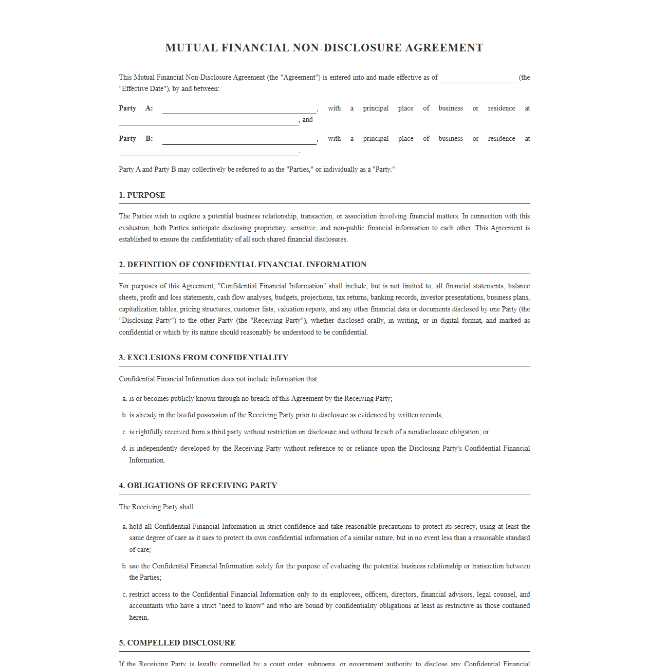 Two-Way Financial Confidentiality Agreement Form