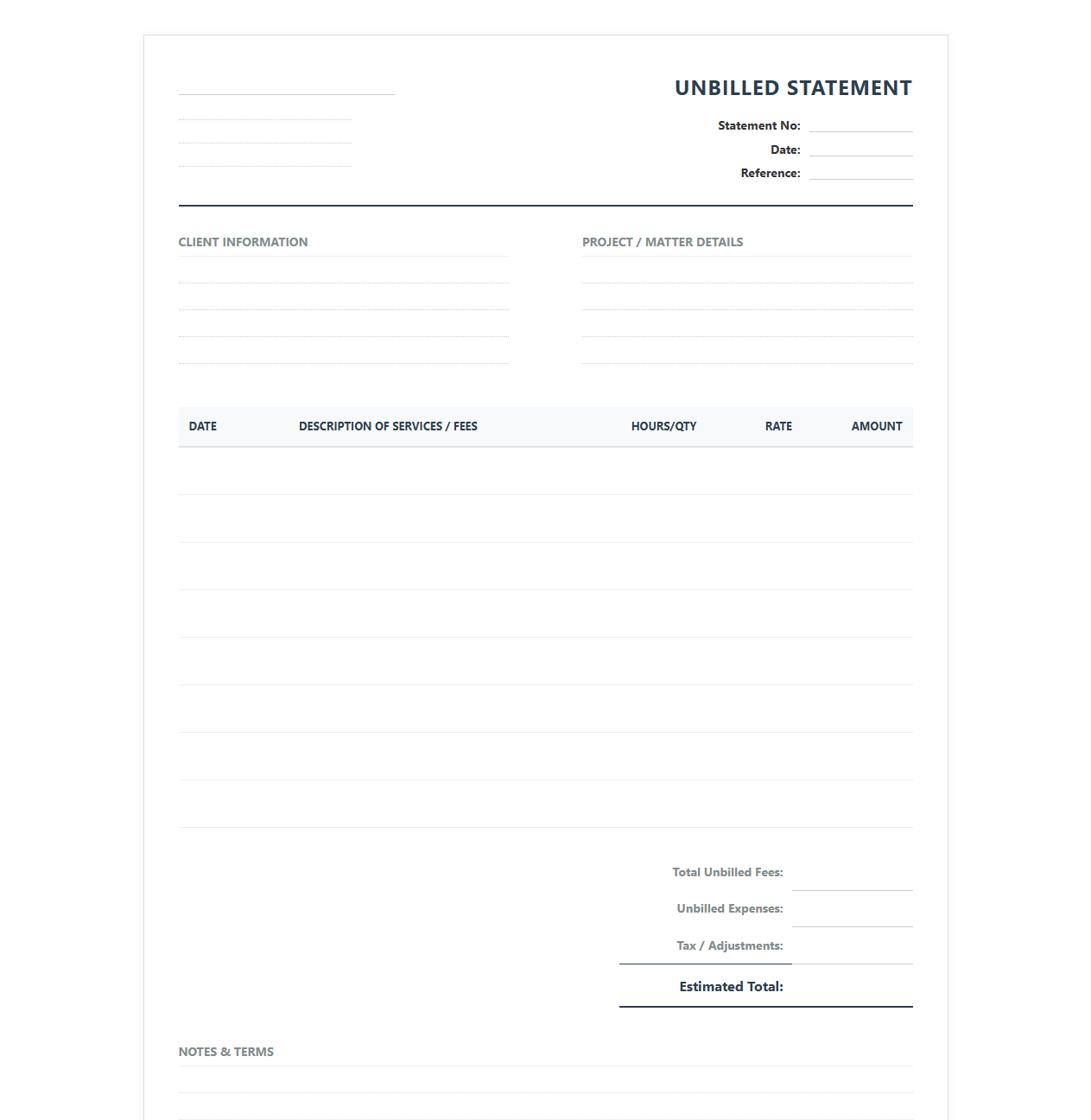 Unbilled Fees Statement Template