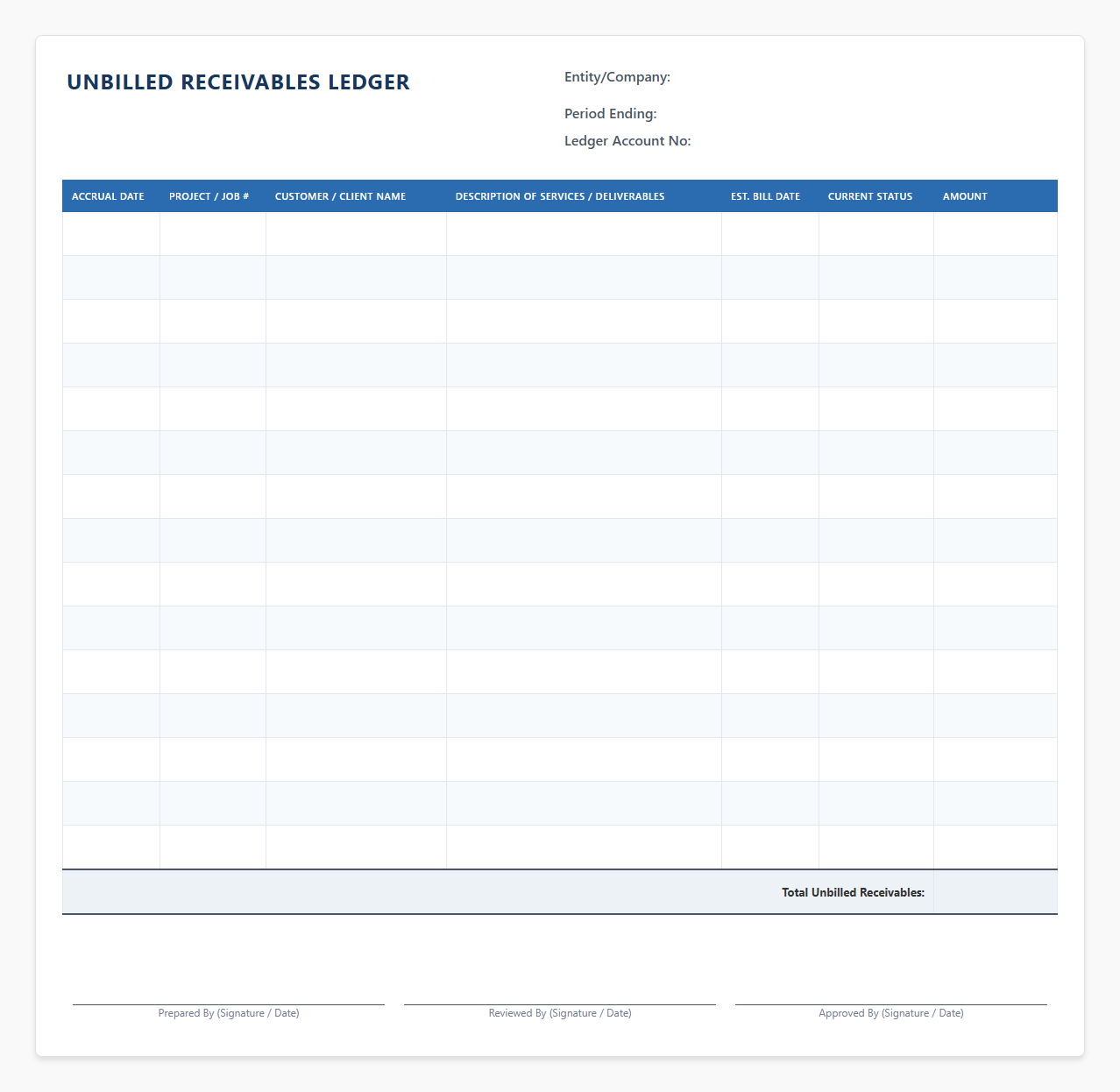 Unbilled Receivables Ledger Sheet