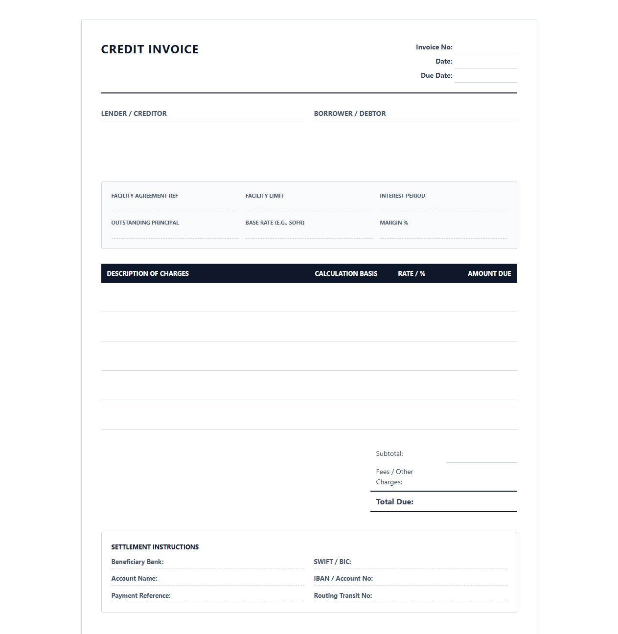 Unsecured Corporate Credit Facility Invoice Template