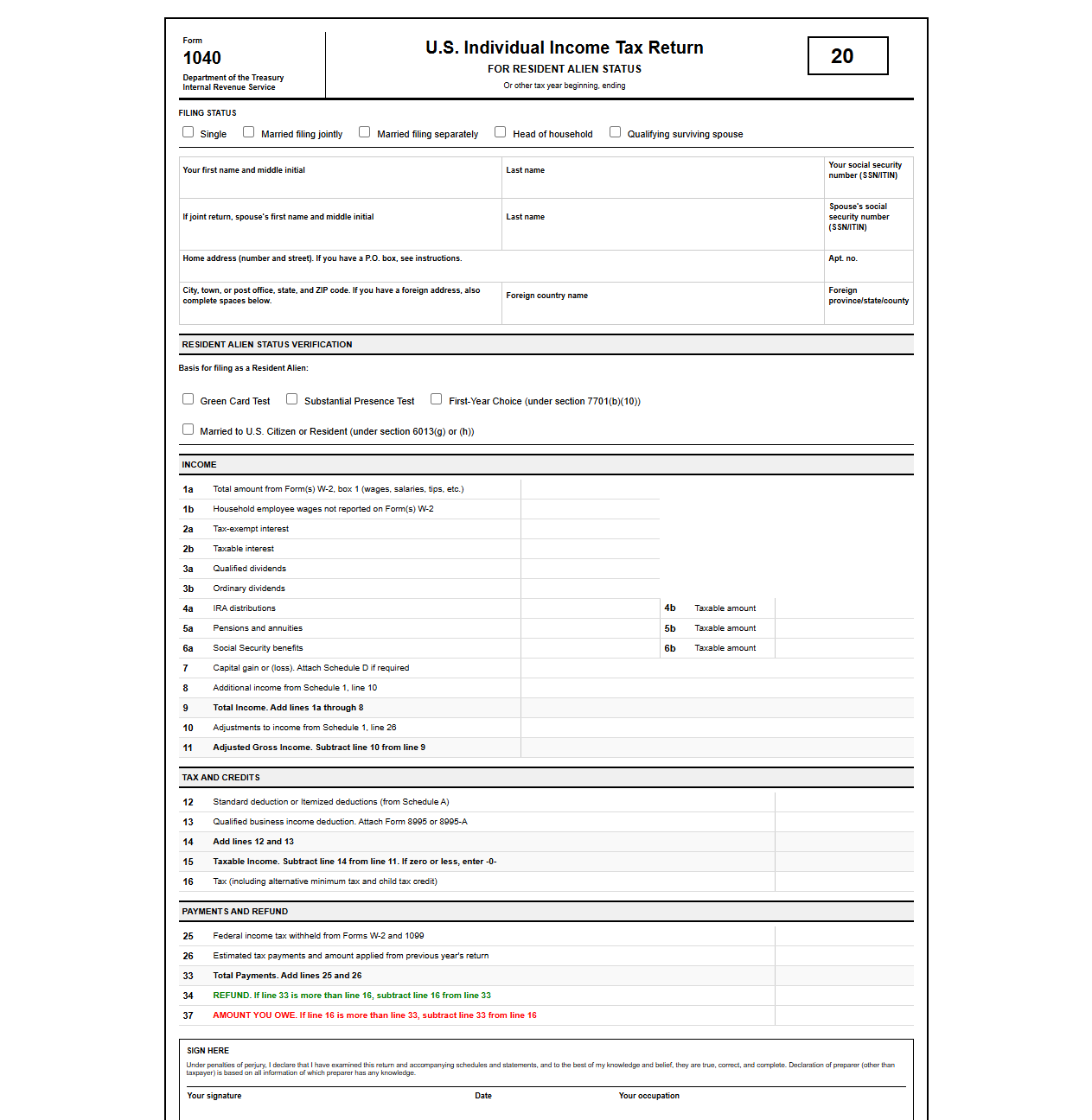 US Tax Return Template for Resident Aliens