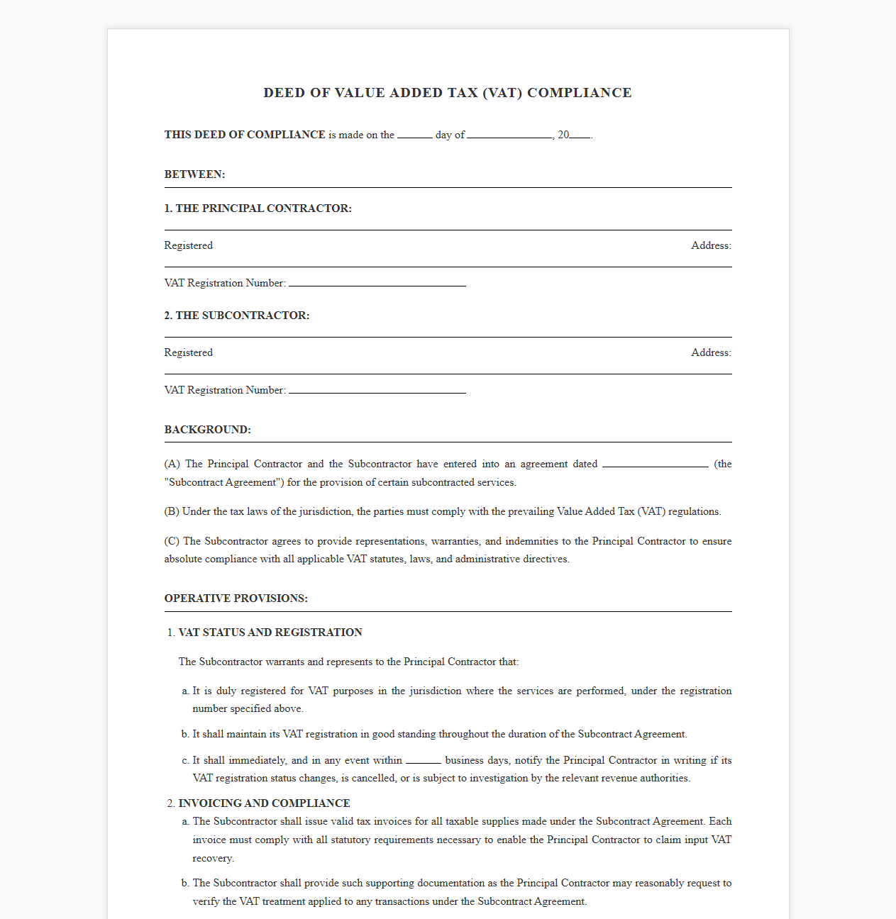 Value Added Tax Compliance Deed for Subcontracted Services