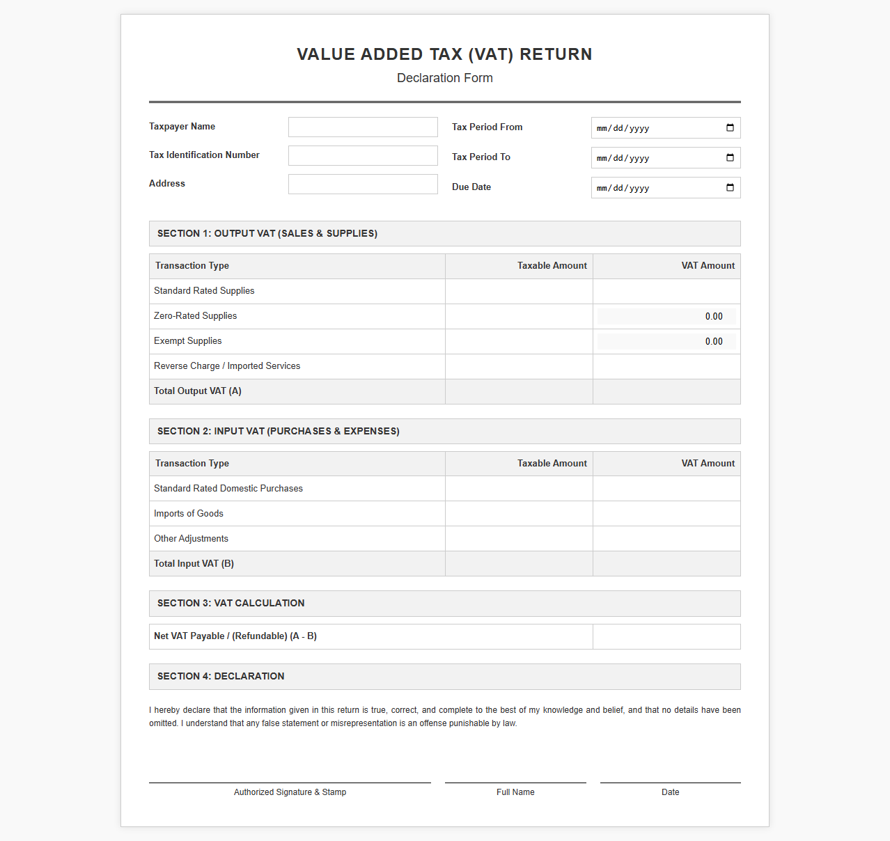 Value Added Tax Return Declaration Template