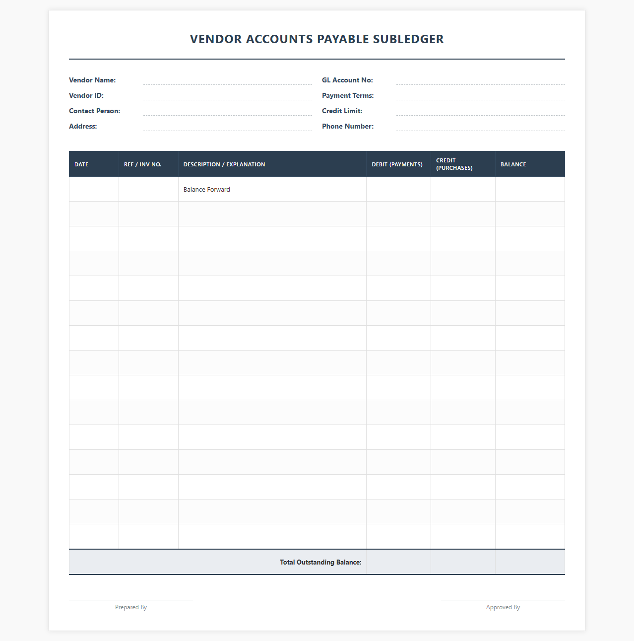 Vendor Accounts Payable Subledger Template