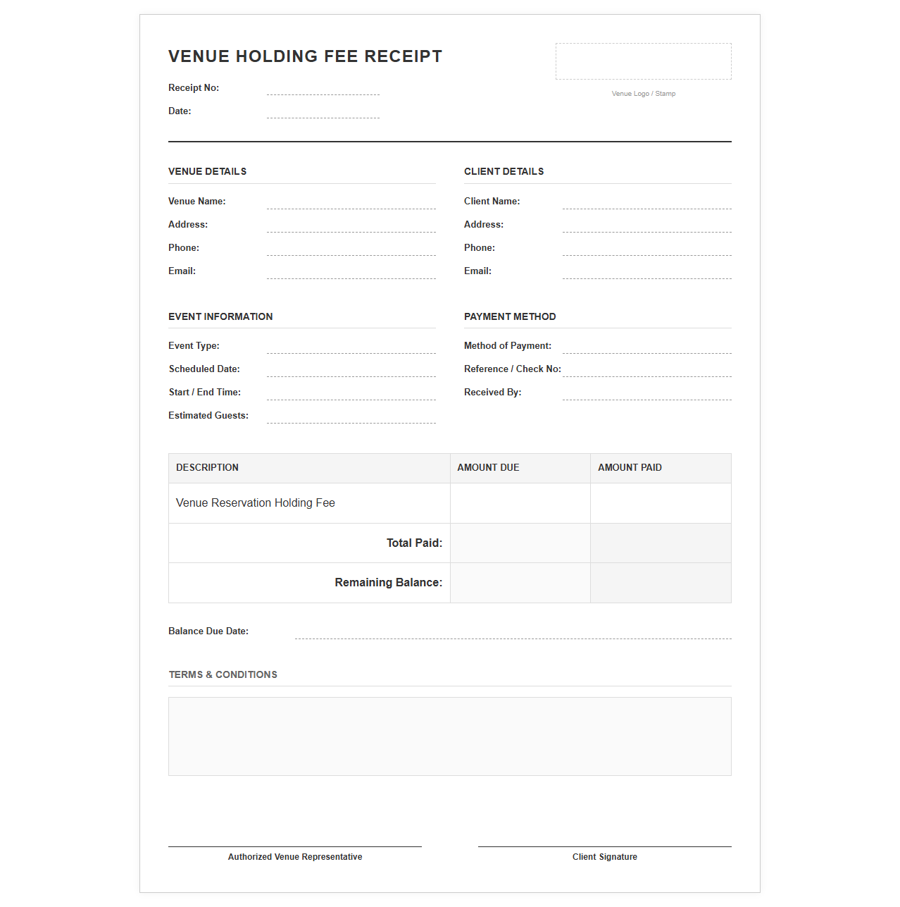 Venue Holding Fee Receipt Template