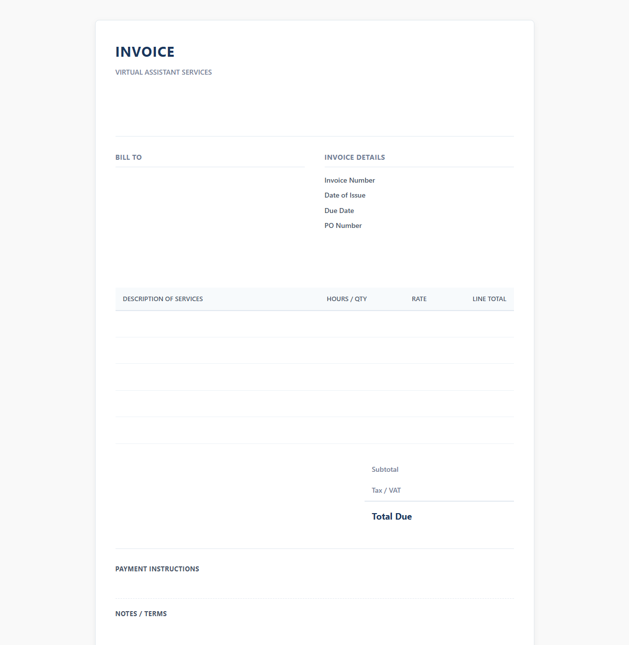 Virtual Office Assistant Billing Invoice