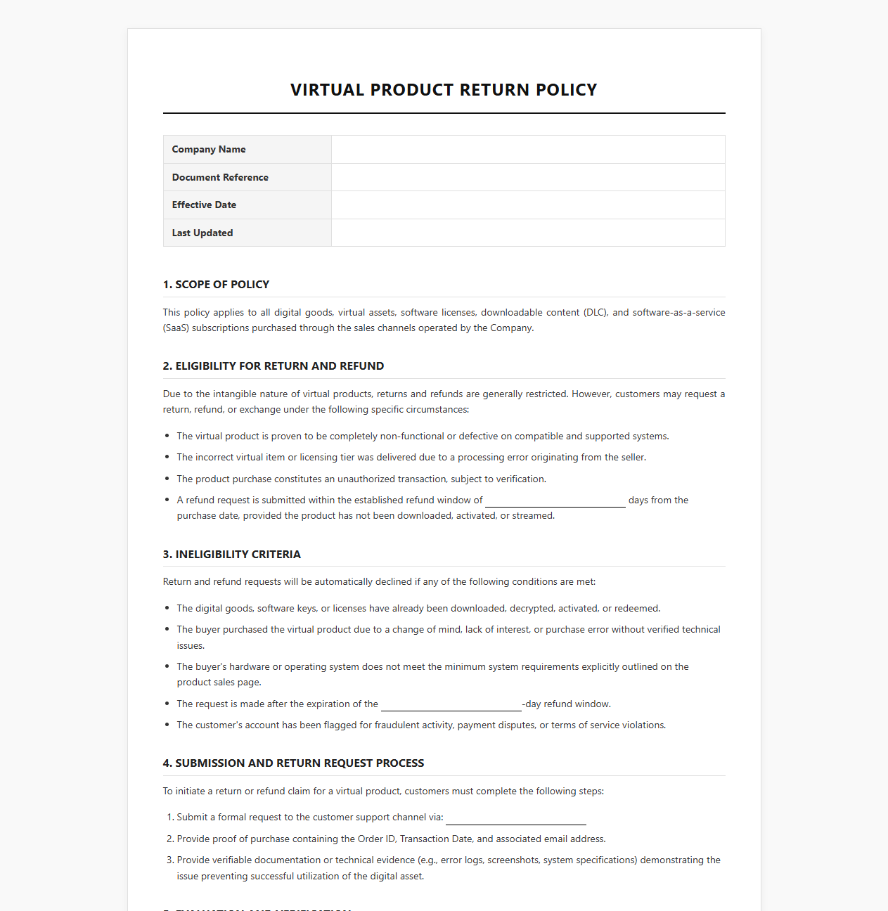 Virtual Product Return Policy Document