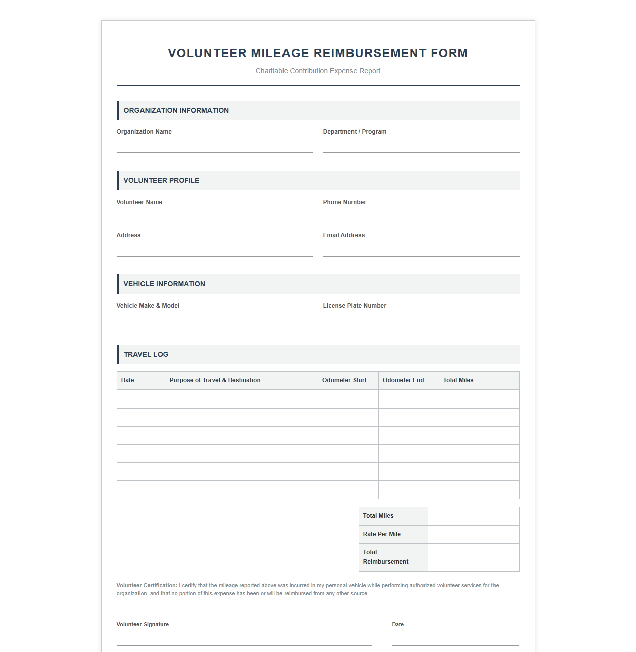 Volunteer Mileage Reimbursement Form