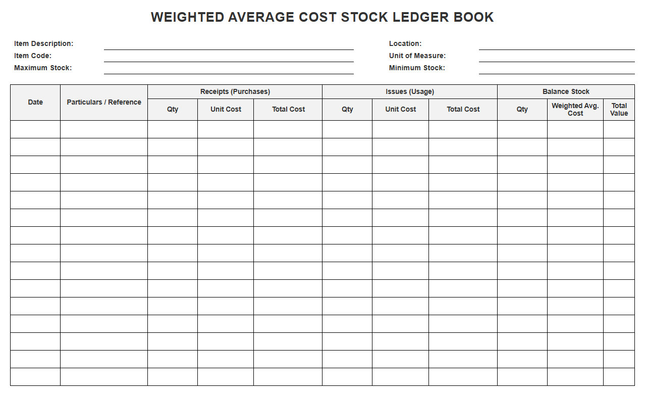 Weighted Average Cost Stock Ledger Book