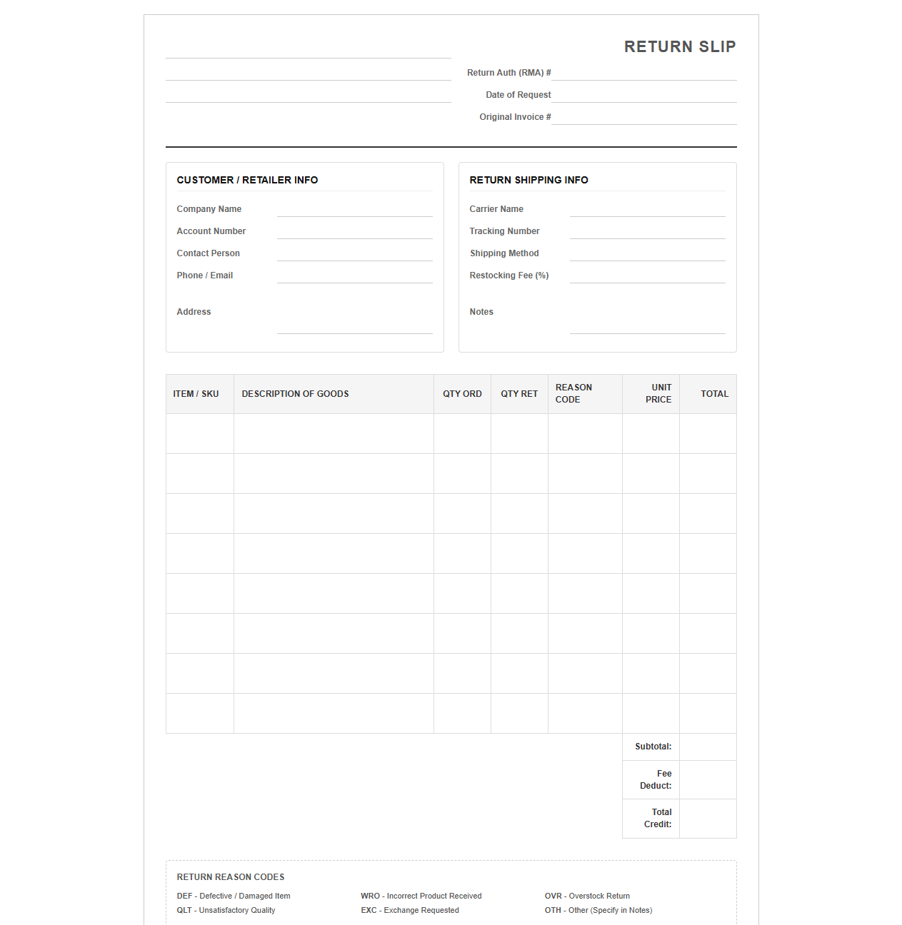 Wholesale Order Return Slip Template