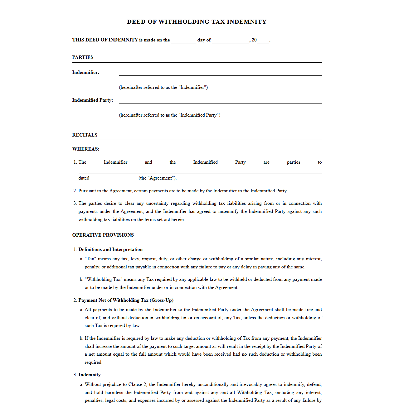 Withholding Tax Indemnity Deed