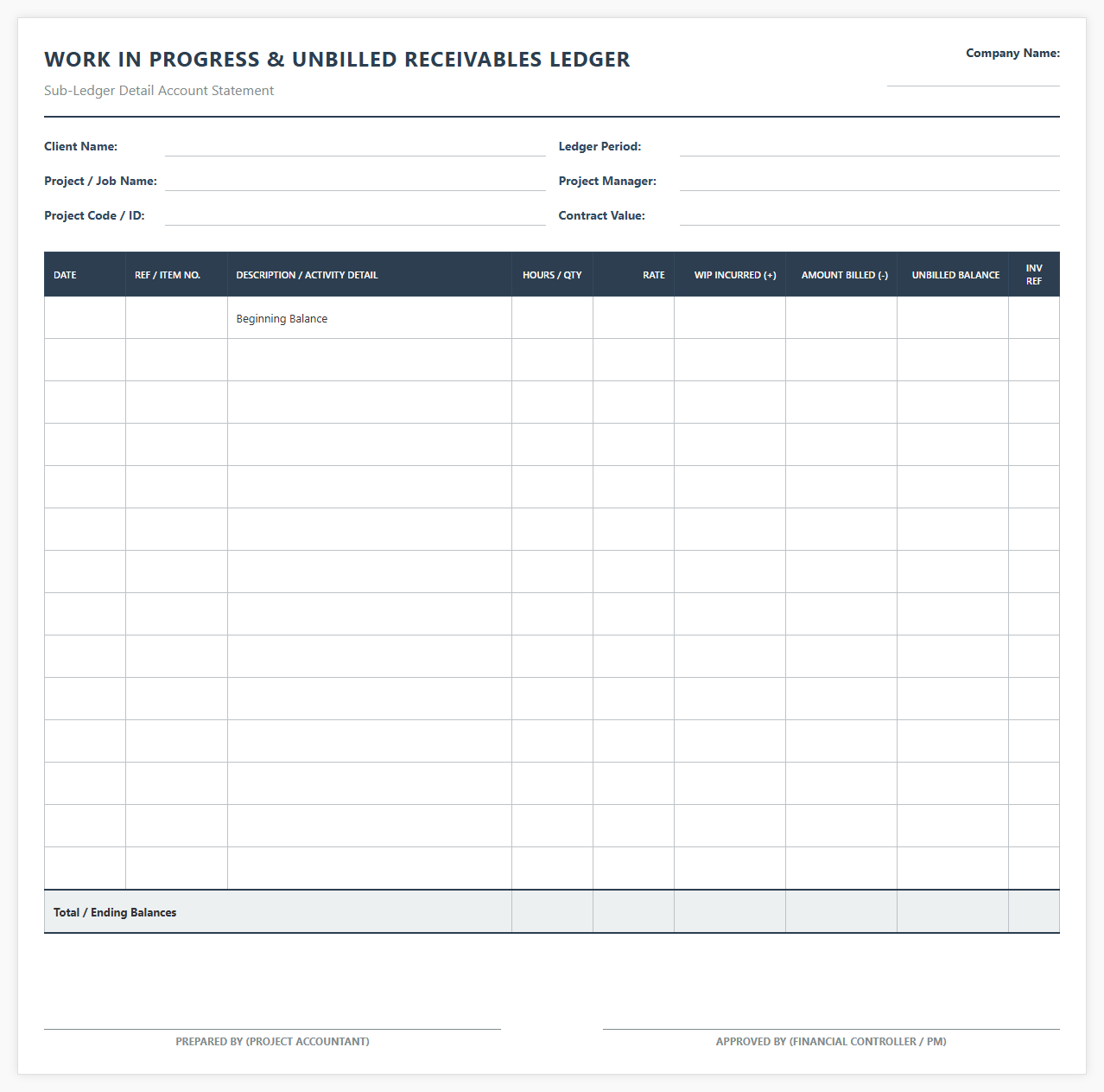 Work in Progress and Unbilled Receivables Ledger