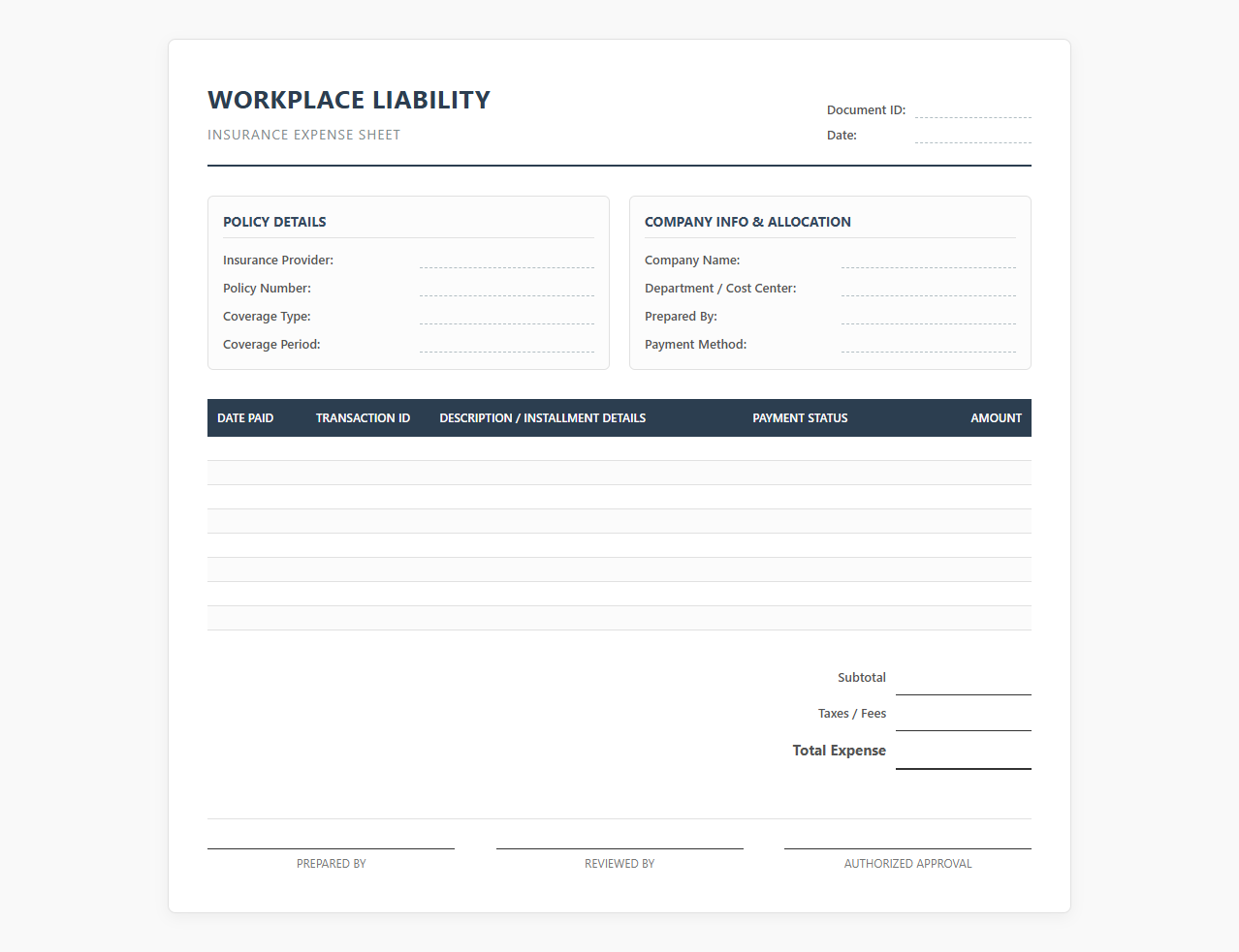 Workplace Liability Insurance Expense Sheet