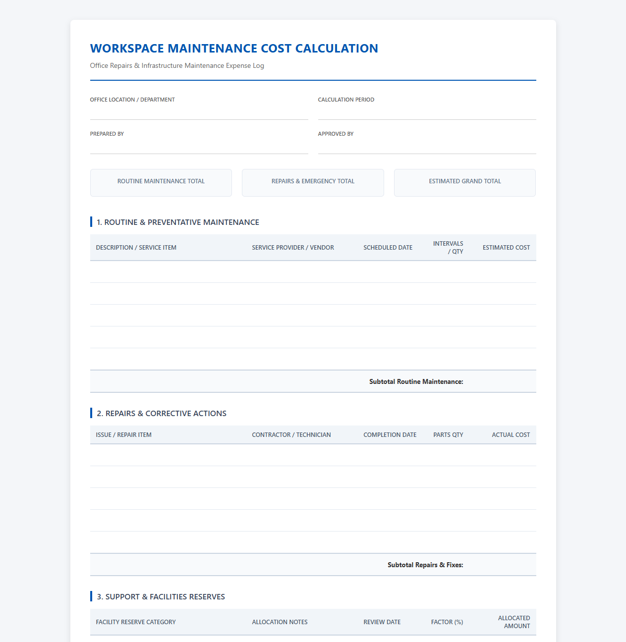 Workspace Maintenance Cost Calculation Template
