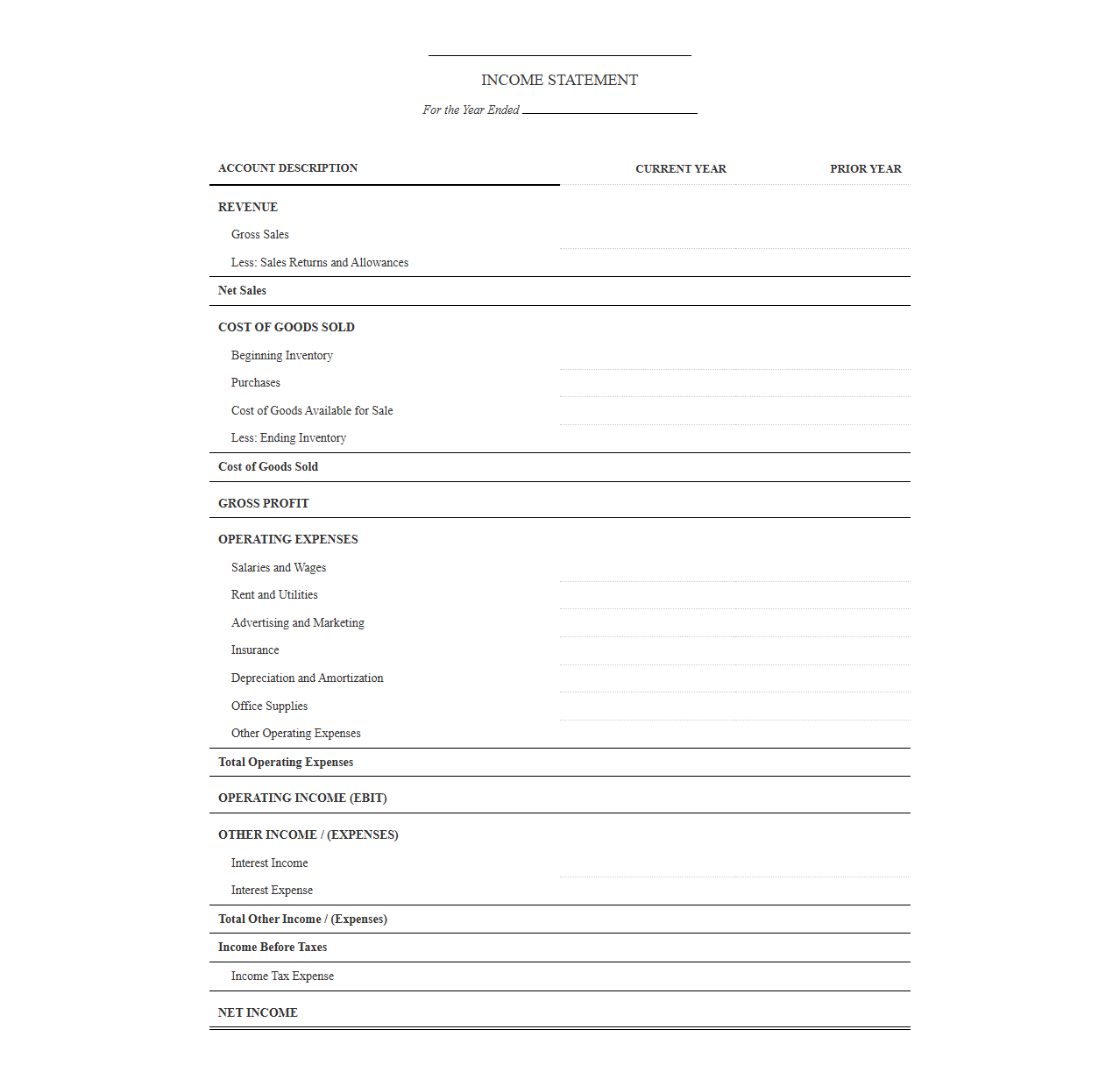 Year-End Income Statement Template