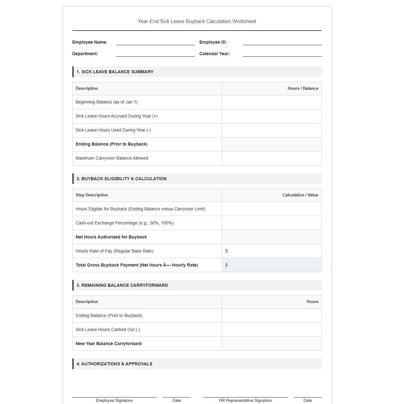Year End Sick Leave Buyback Calculation Worksheet