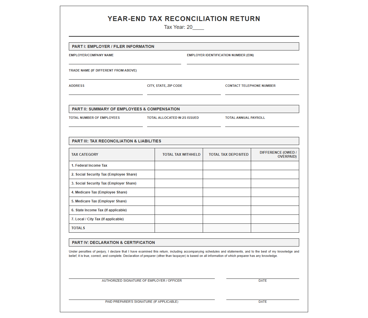 Year-End Tax Reconciliation Return Template