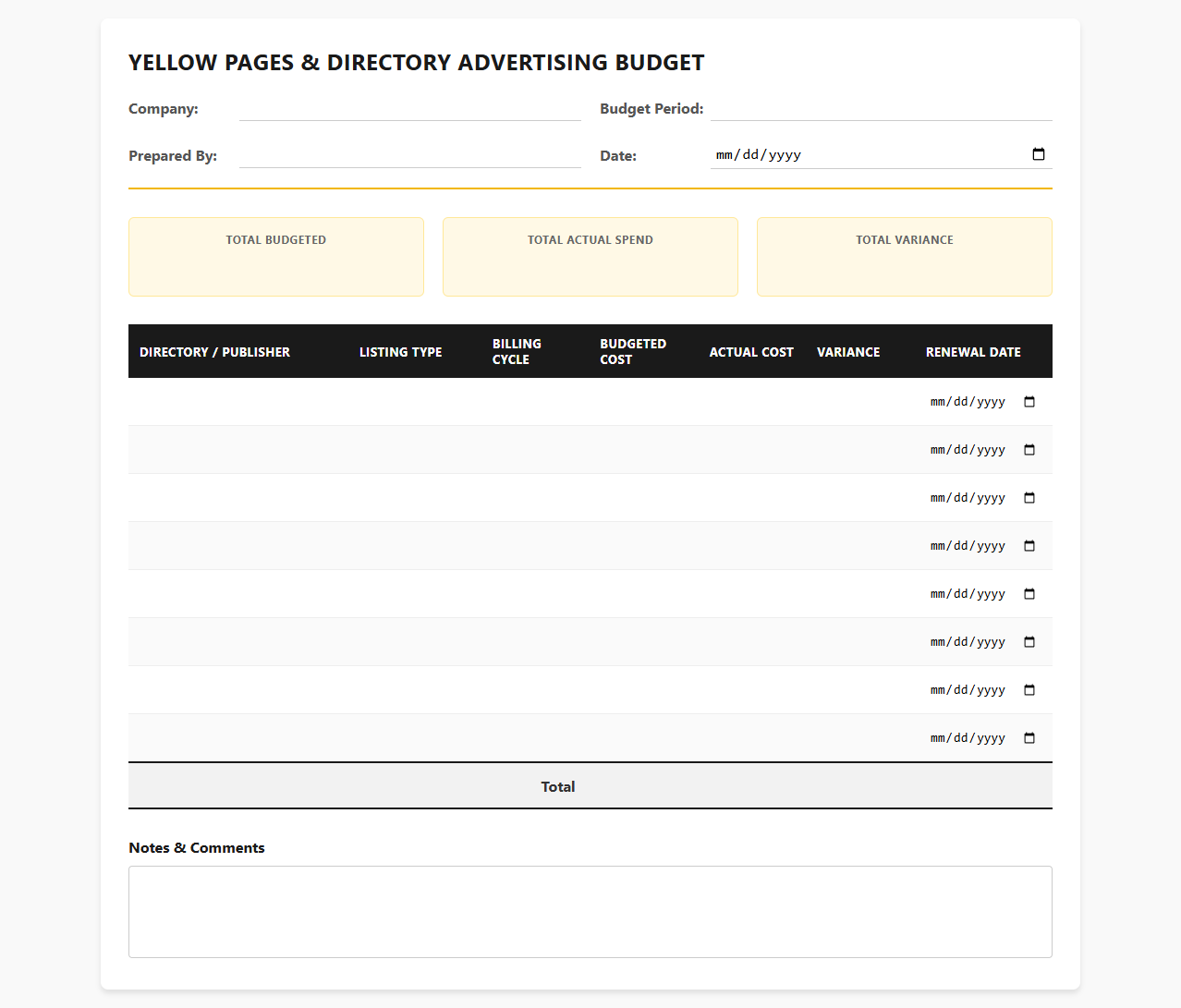 Yellow Pages and Business Directory Budget Template