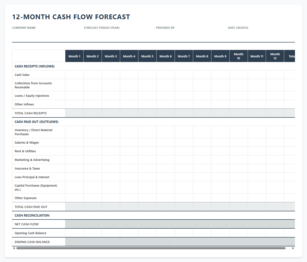 12-Month Cash Flow Forecast Statement Template